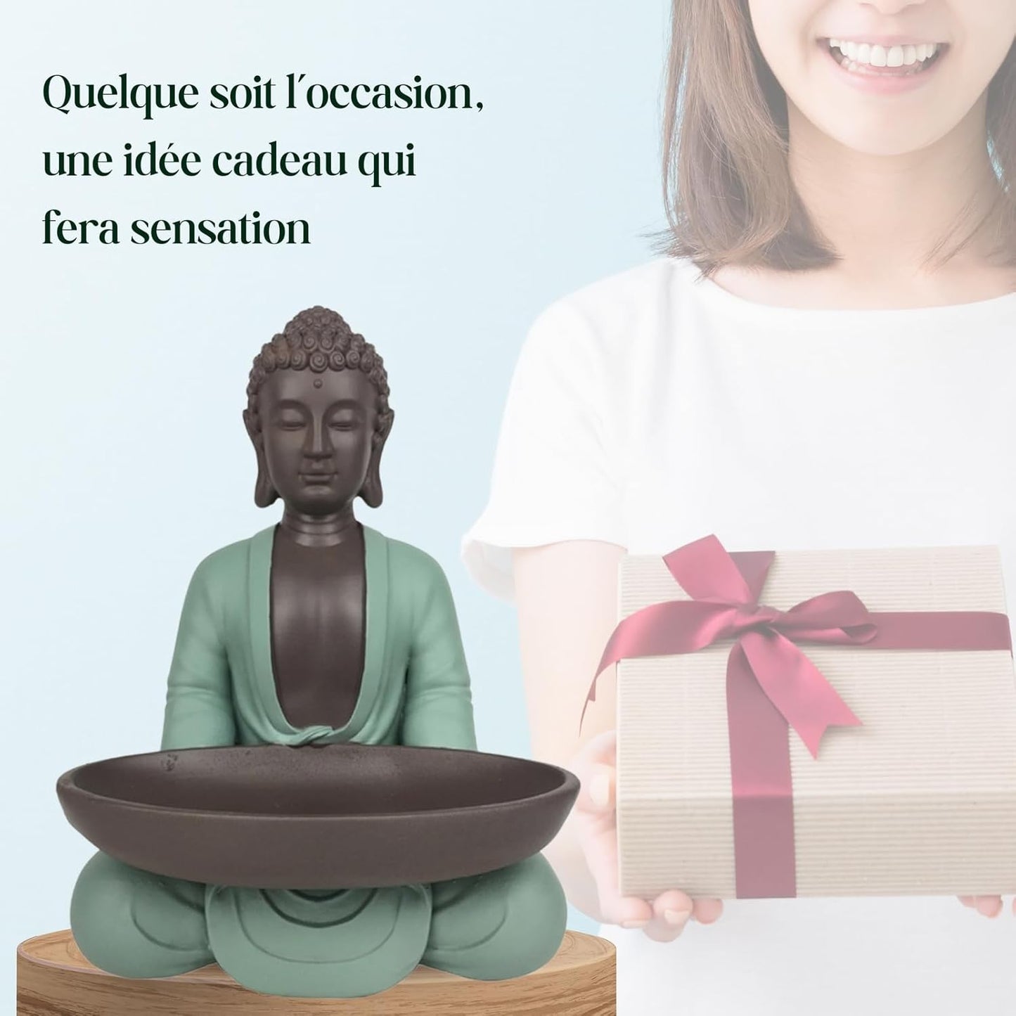 Statuette Vide Poche Boudha – Décoration Zen et Feng Shui – pour Créer Une Ambiance Relaxante et Spirituelle – Idée Cadeau Porte-Bonheur – Hauteur : 20cm – Couleur : Vert et Marron – Zen’Light