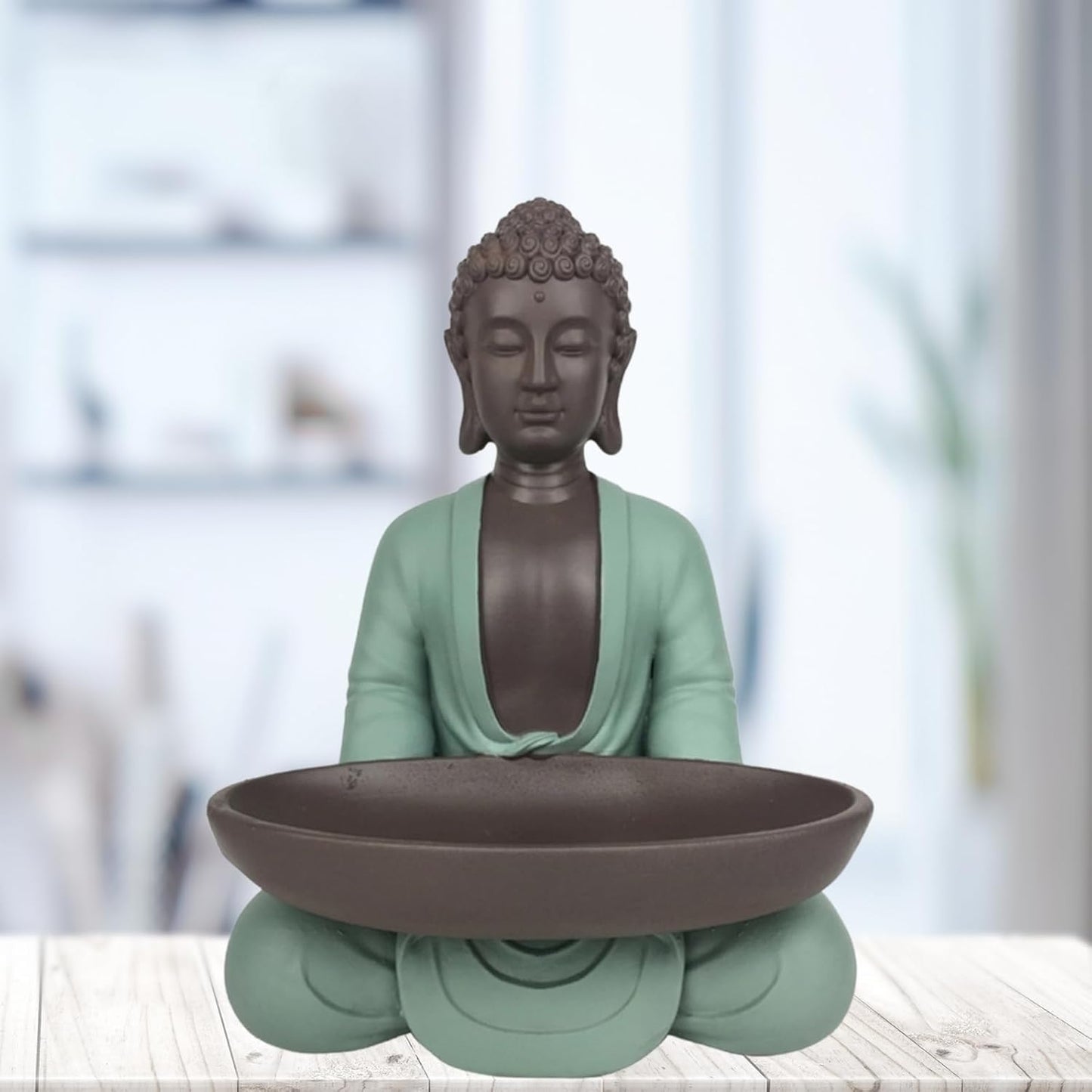 Statuette Vide Poche Boudha – Décoration Zen et Feng Shui – pour Créer Une Ambiance Relaxante et Spirituelle – Idée Cadeau Porte-Bonheur – Hauteur : 20cm – Couleur : Vert et Marron – Zen’Light