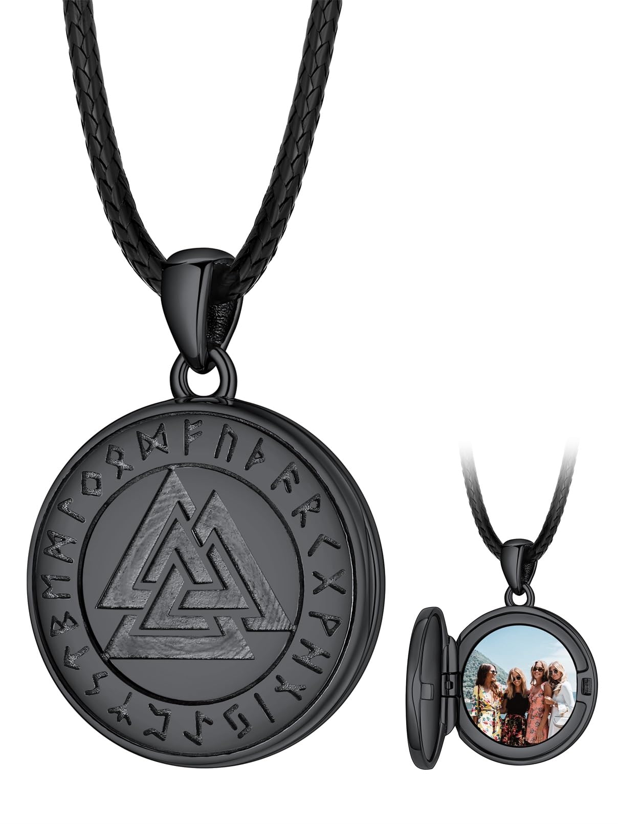 FaithHeart Collier Homme Photo Personnalisé Argent 925/Cuivre,Chaîne Cordon Cuir 40-76,Pendentif Prénom Gravé Triquetra/Valknut/Vegvisir/Loup/Mjolnir Marteau de Thor/Croix de Malte(Boîte Cadeau)