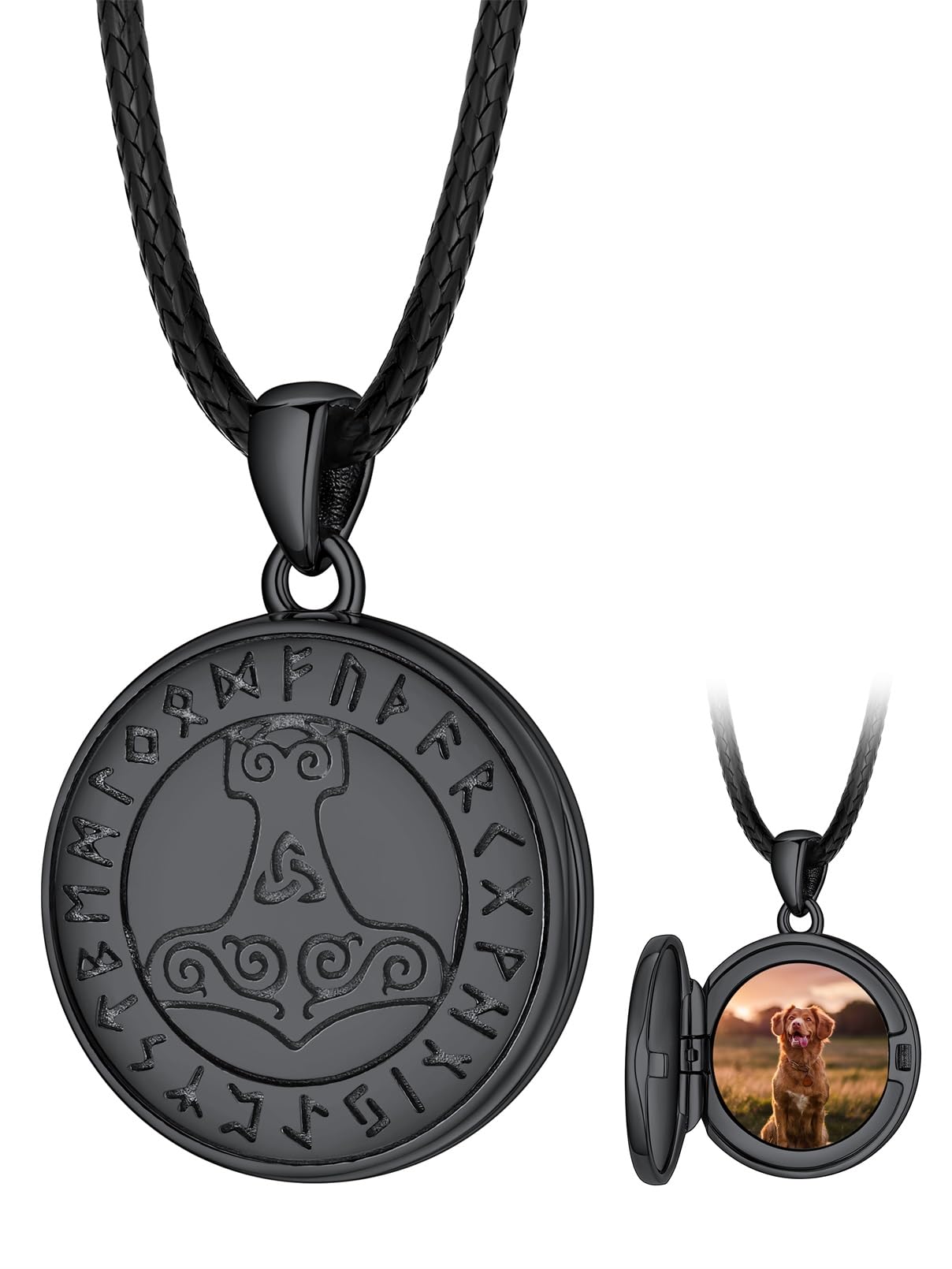 FaithHeart Collier Homme Photo Personnalisé Argent 925/Cuivre,Chaîne Cordon Cuir 40-76,Pendentif Prénom Gravé Triquetra/Valknut/Vegvisir/Loup/Mjolnir Marteau de Thor/Croix de Malte(Boîte Cadeau)