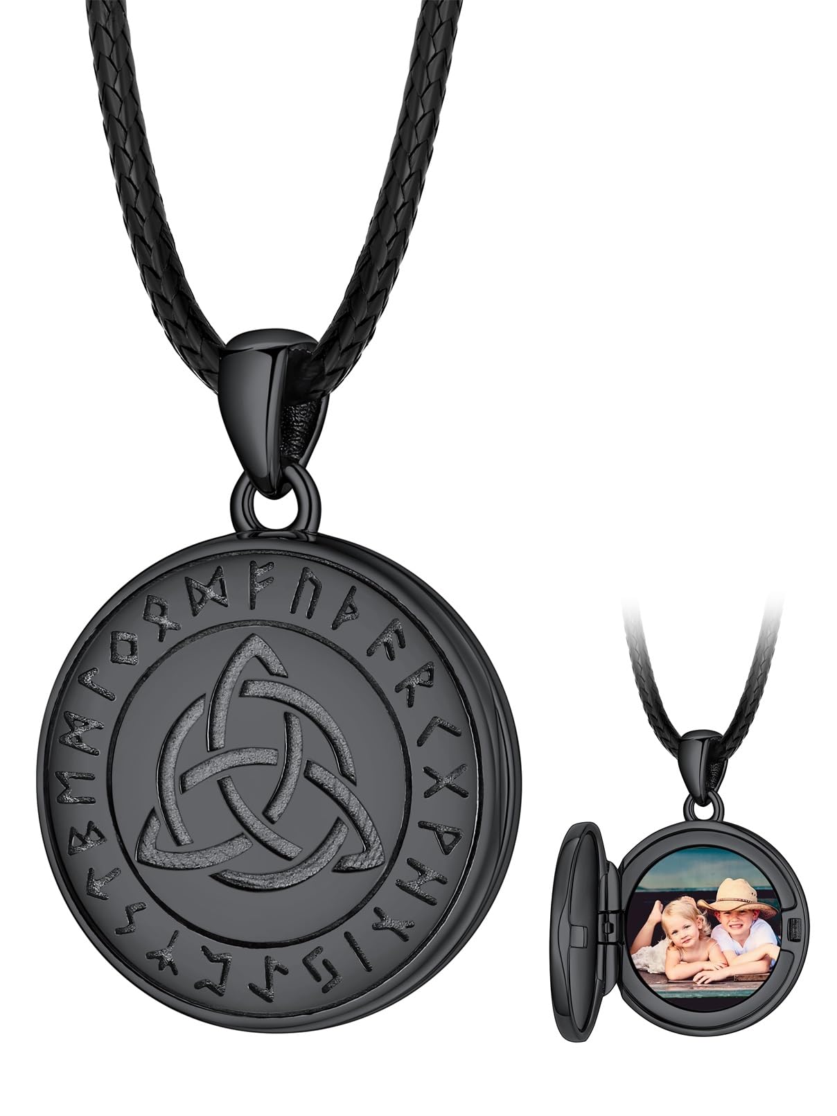 FaithHeart Collier Homme Photo Personnalisé Argent 925/Cuivre,Chaîne Cordon Cuir 40-76,Pendentif Prénom Gravé Triquetra/Valknut/Vegvisir/Loup/Mjolnir Marteau de Thor/Croix de Malte(Boîte Cadeau)
