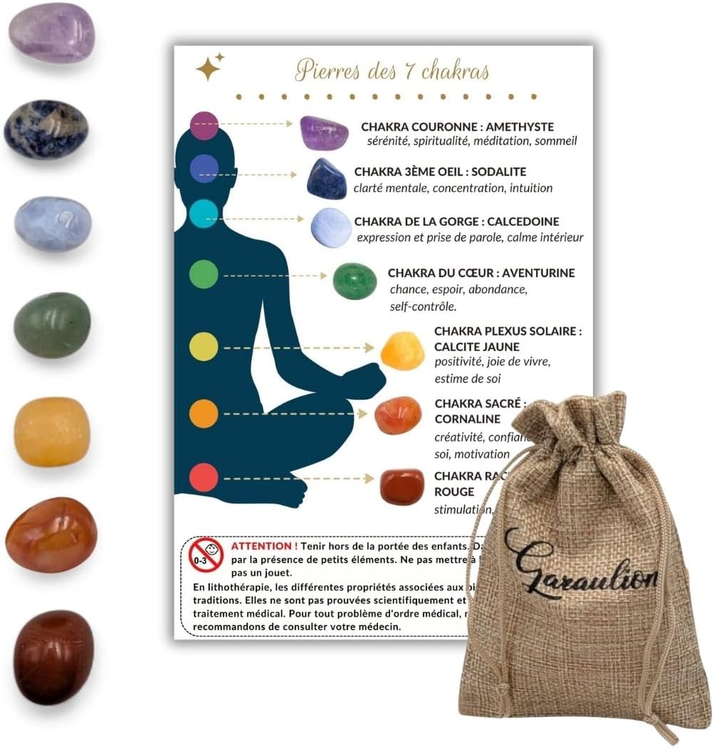 Kit Pierres des 7 Chakras – Lithothérapie pour Harmonie Énergétique, Bien-Être Intérieur & Méditation – 7 Pierres Naturelles + Pochette & Guide Inclus