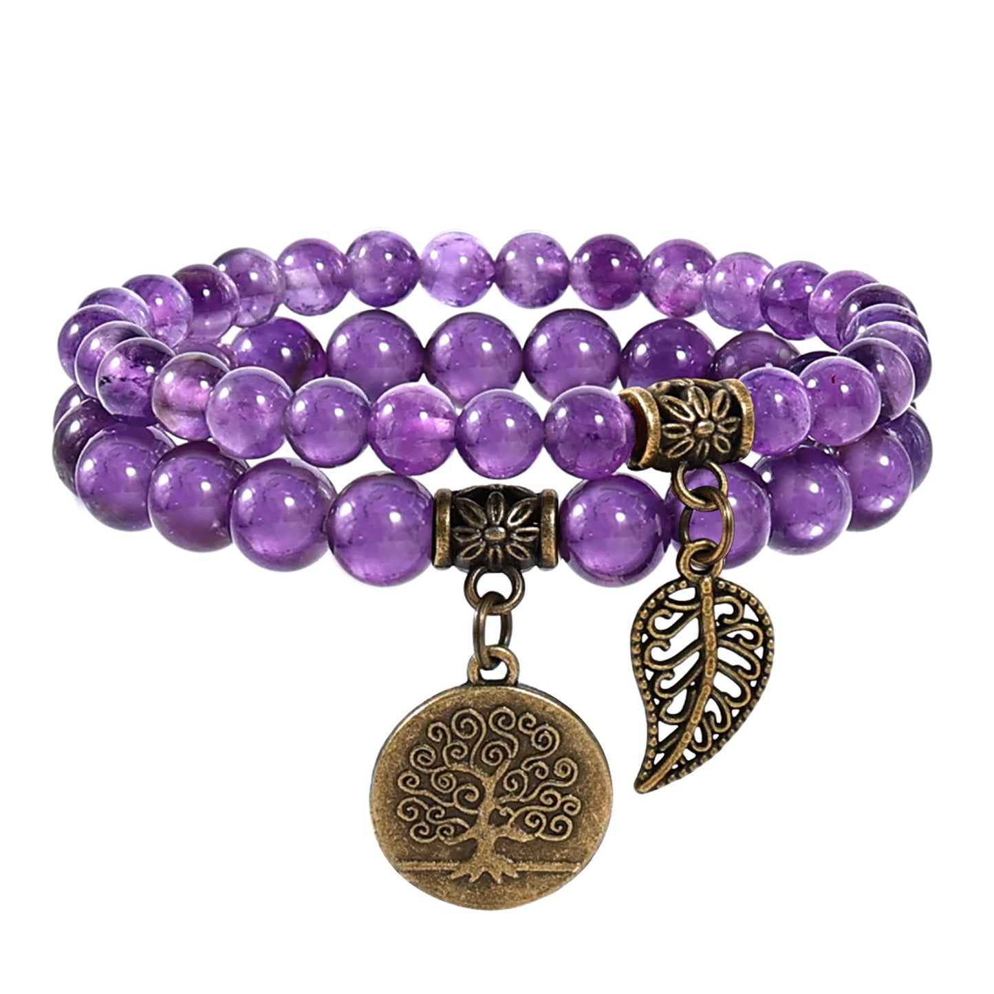 Farfume Chakra Bracelet En Pierre Naturelle - Bracelet Perles Naturelles Femme-Ensemble De Deux Bracelets Avec Accessoires Arbre De Vie Et Feuille