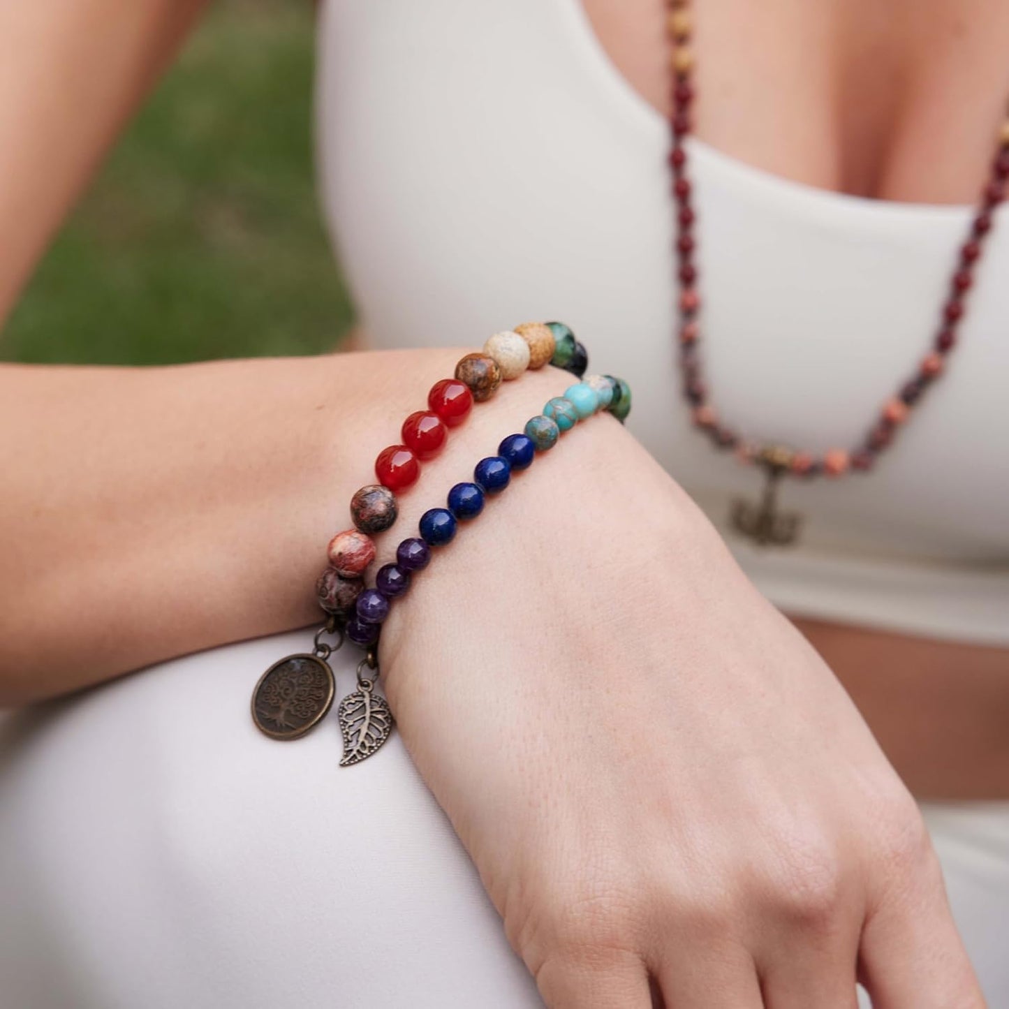 Farfume Chakra Bracelet En Pierre Naturelle - Bracelet Perles Naturelles Femme-Ensemble De Deux Bracelets Avec Accessoires Arbre De Vie Et Feuille