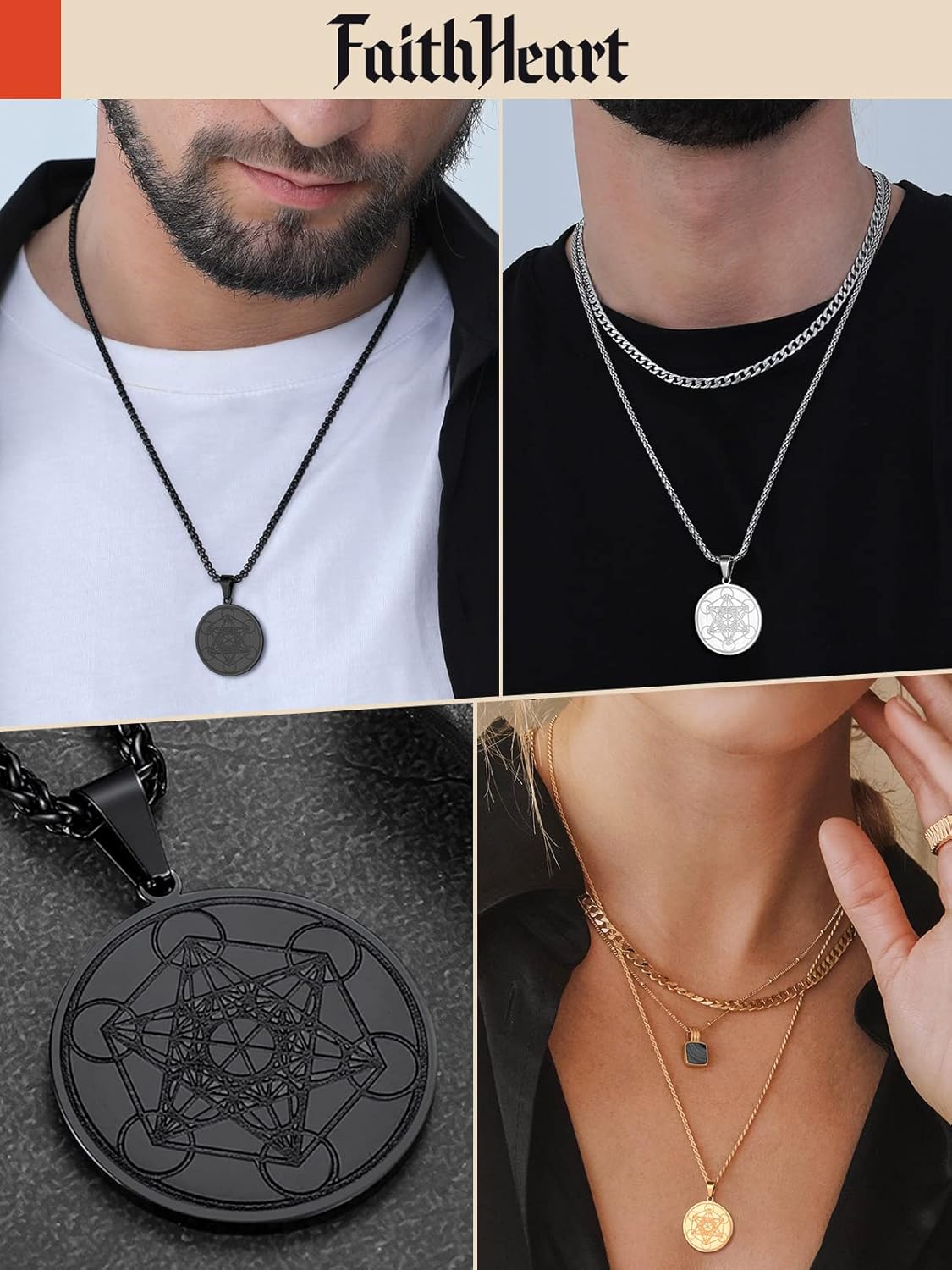 FaithHeart Collier Cube de Metatron Acier Inoxydable/Or/Noir Médaille Geometrique Bijoux Amulette de Protection pour Homme Femme