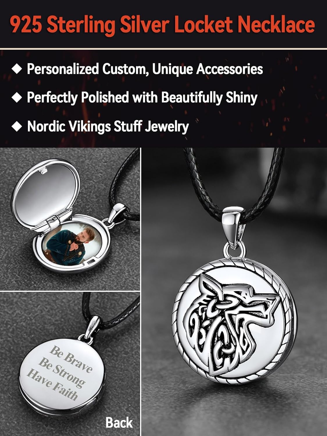 FaithHeart Collier Homme Photo Personnalisé Argent 925/Cuivre,Chaîne Cordon Cuir 40-76,Pendentif Prénom Gravé Triquetra/Valknut/Vegvisir/Loup/Mjolnir Marteau de Thor/Croix de Malte(Boîte Cadeau)