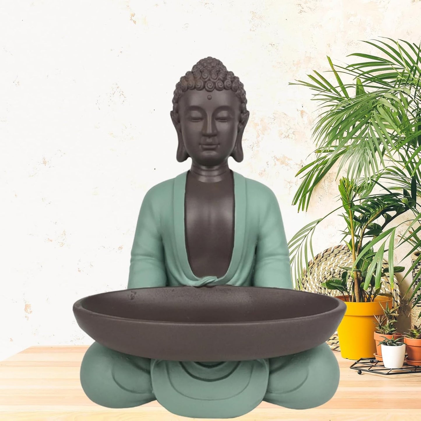 Statuette Vide Poche Boudha – Décoration Zen et Feng Shui – pour Créer Une Ambiance Relaxante et Spirituelle – Idée Cadeau Porte-Bonheur – Hauteur : 20cm – Couleur : Vert et Marron – Zen’Light