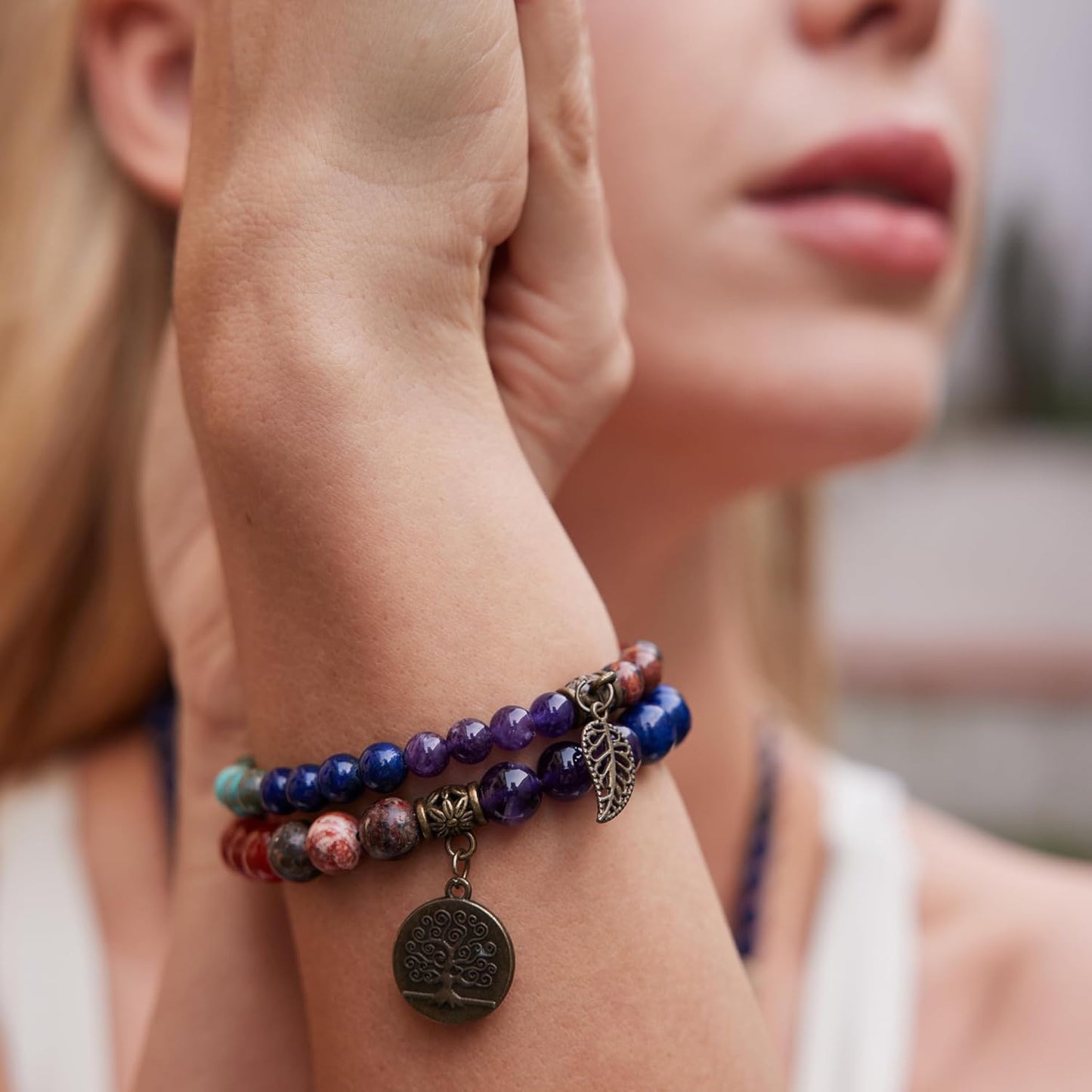 Farfume Chakra Bracelet En Pierre Naturelle - Bracelet Perles Naturelles Femme-Ensemble De Deux Bracelets Avec Accessoires Arbre De Vie Et Feuille
