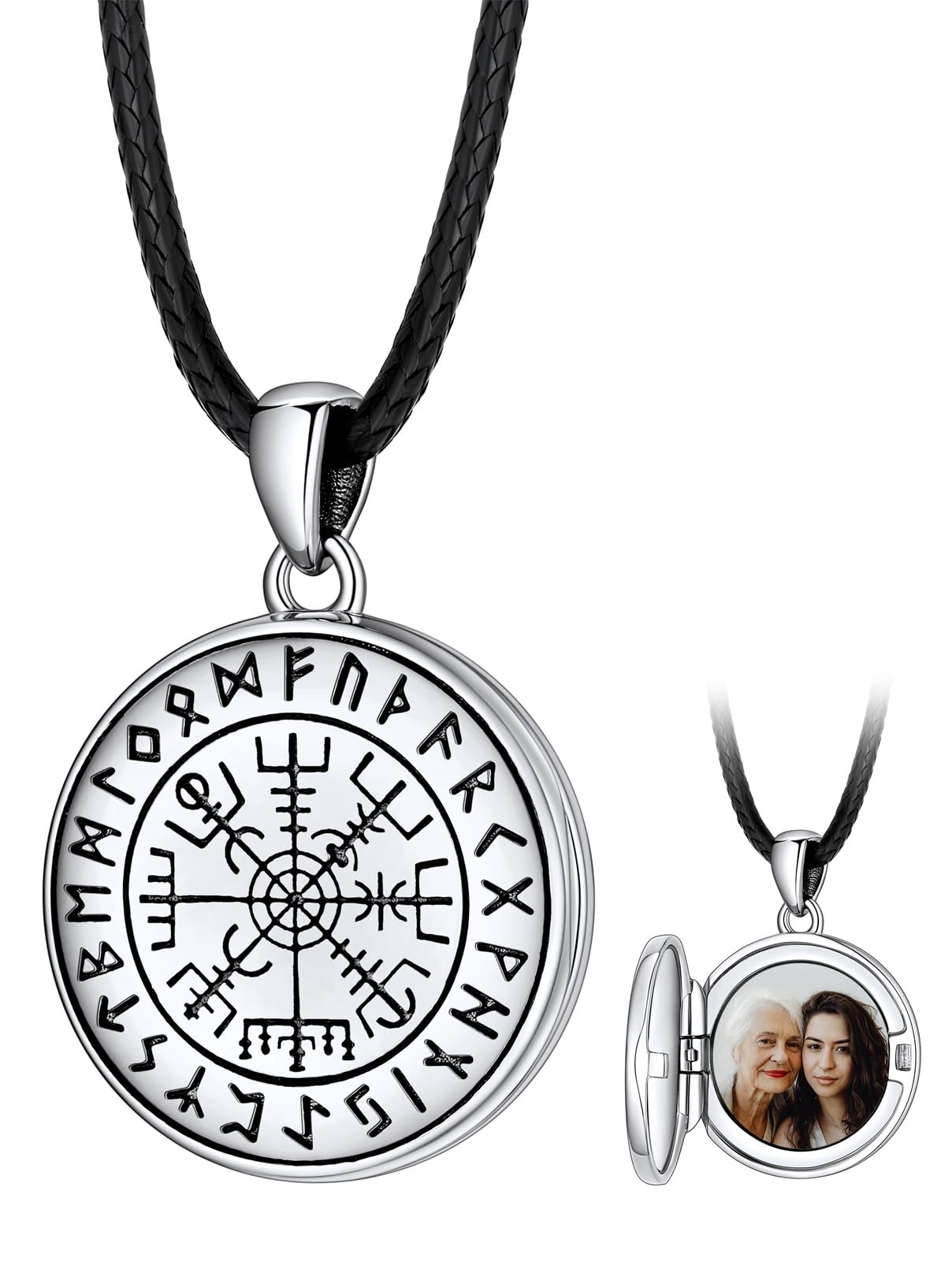 FaithHeart Collier Homme Photo Personnalisé Argent 925/Cuivre,Chaîne Cordon Cuir 40-76,Pendentif Prénom Gravé Triquetra/Valknut/Vegvisir/Loup/Mjolnir Marteau de Thor/Croix de Malte(Boîte Cadeau)