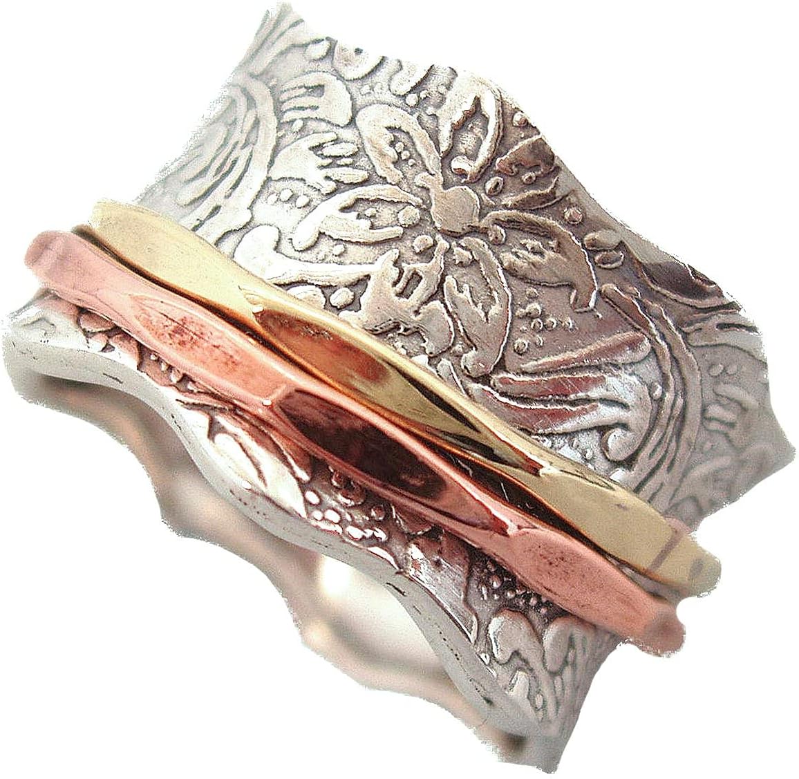 Energy Stone – « ÉQUILIBRE & BEAUTÉ », bague tournante de méditation avec 1 rotateur en laiton et 1 en cuivre sur une bague de base en argent avec motif à feuilles (Style 88)