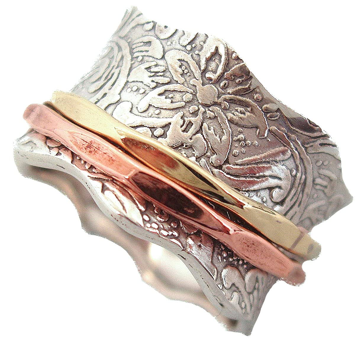 Energy Stone – « ÉQUILIBRE & BEAUTÉ », bague tournante de méditation avec 1 rotateur en laiton et 1 en cuivre sur une bague de base en argent avec motif à feuilles (Style 88)