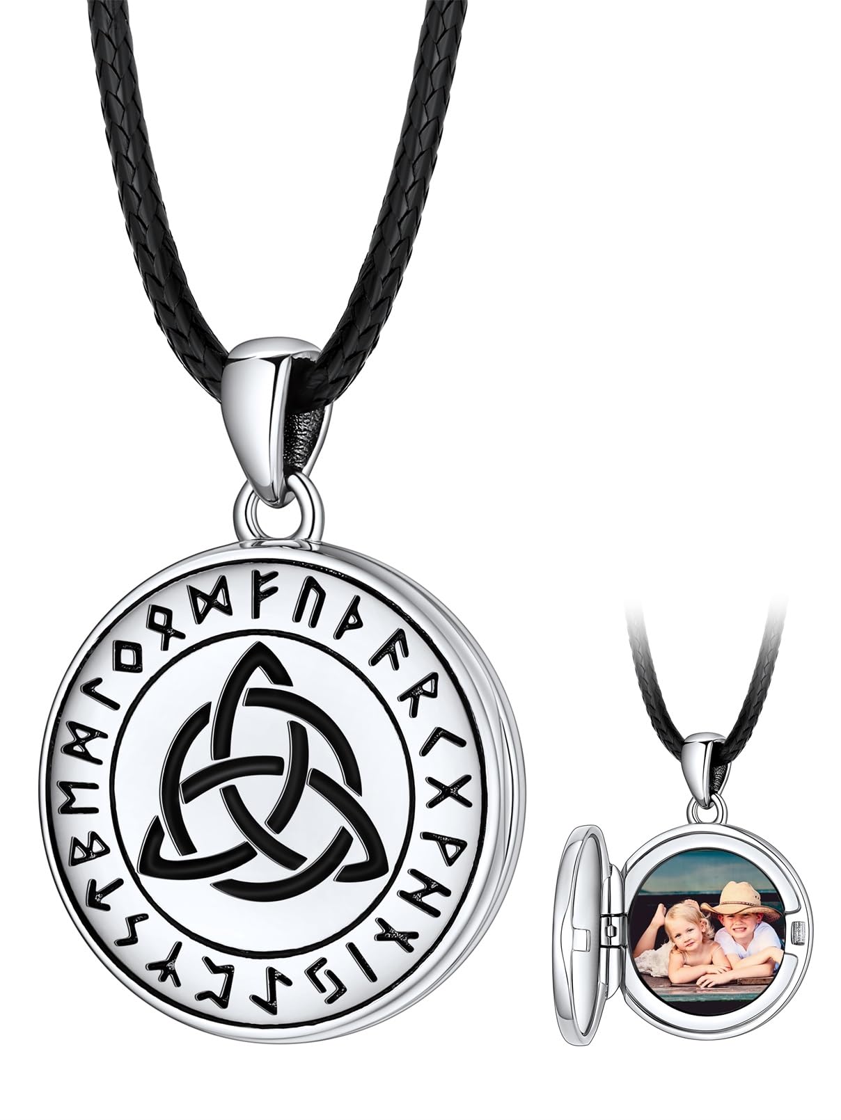 FaithHeart Collier Homme Photo Personnalisé Argent 925/Cuivre,Chaîne Cordon Cuir 40-76,Pendentif Prénom Gravé Triquetra/Valknut/Vegvisir/Loup/Mjolnir Marteau de Thor/Croix de Malte(Boîte Cadeau)