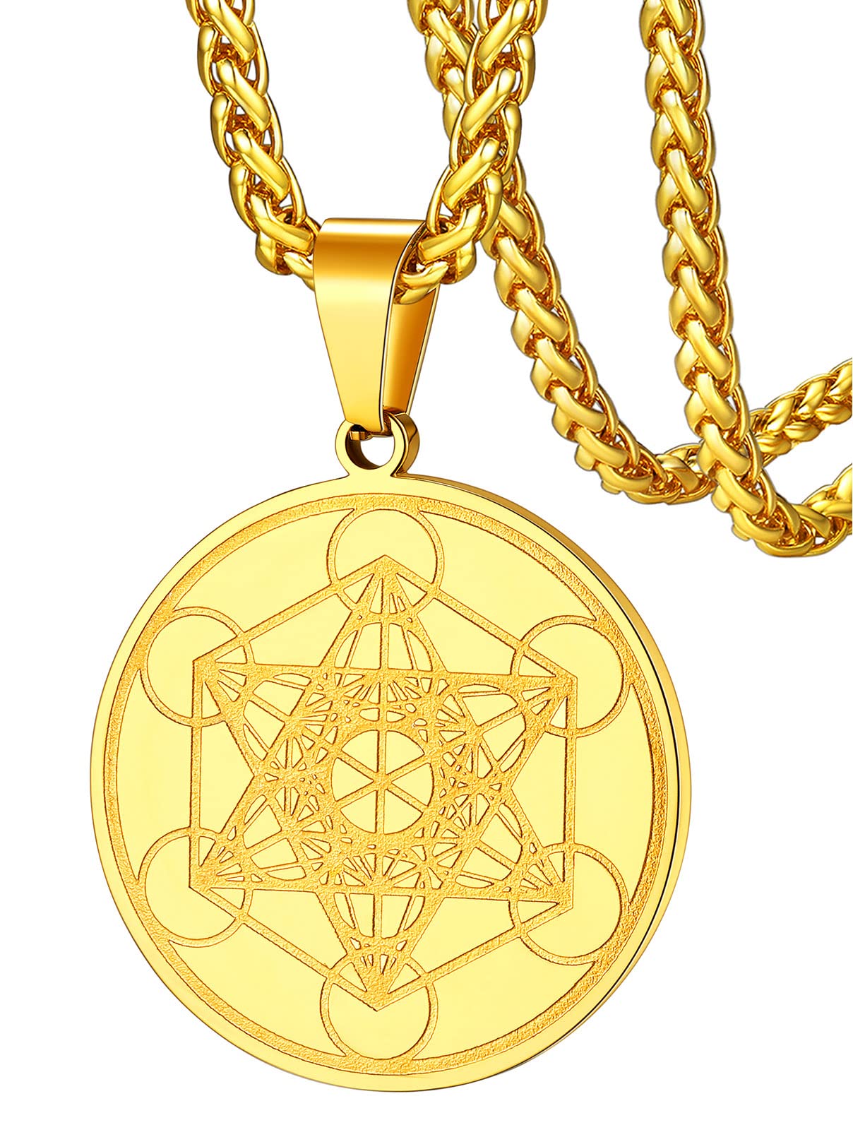 FaithHeart Collier Cube de Metatron Acier Inoxydable/Or/Noir Médaille Geometrique Bijoux Amulette de Protection pour Homme Femme