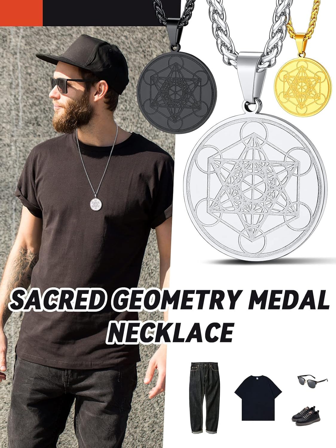 FaithHeart Collier Cube de Metatron Acier Inoxydable/Or/Noir Médaille Geometrique Bijoux Amulette de Protection pour Homme Femme