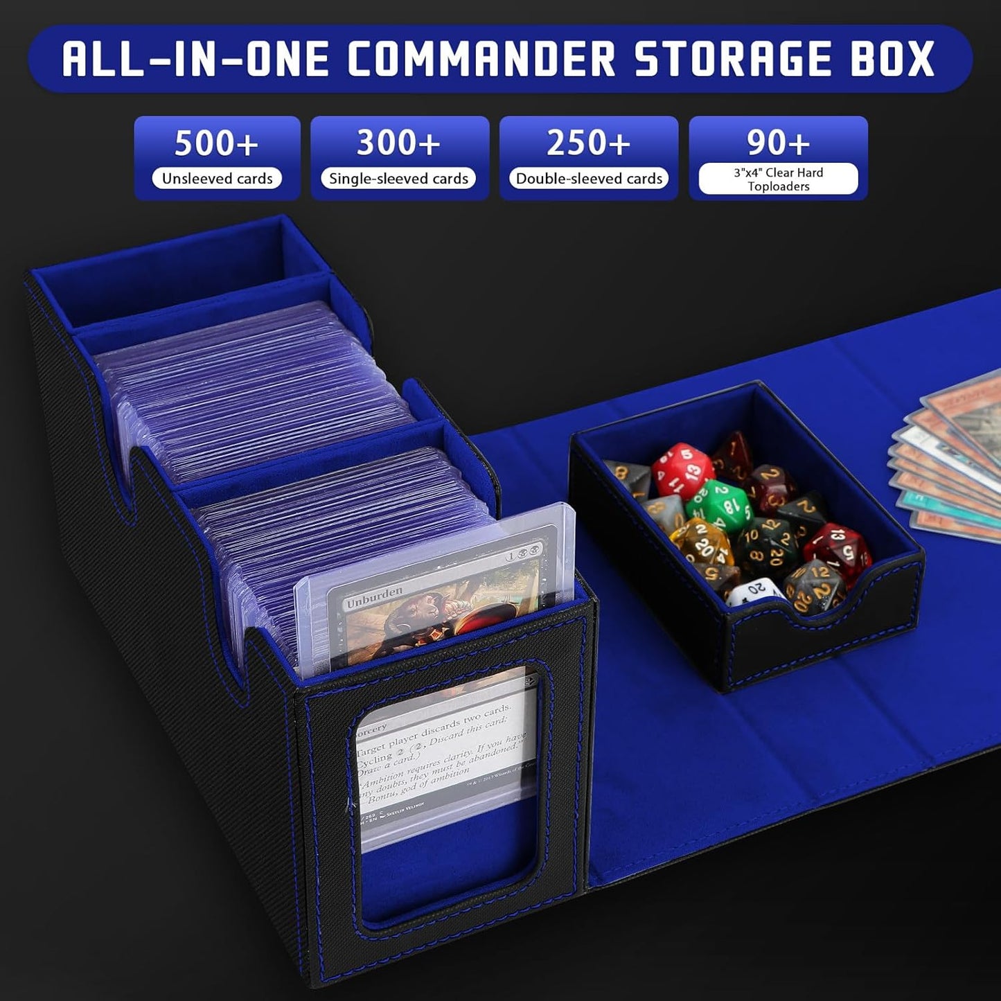 Boîte porte-cartes pour jusqu'à 380+ cartes, boîte de deck avec 6 plaques de séparation, porte deck magnétique flip-magic pour cartes à collectionner, compatible avec MTG TCG(Noir-Bleu)