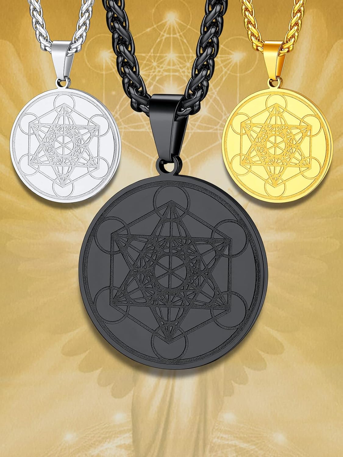 FaithHeart Collier Cube de Metatron Acier Inoxydable/Or/Noir Médaille Geometrique Bijoux Amulette de Protection pour Homme Femme