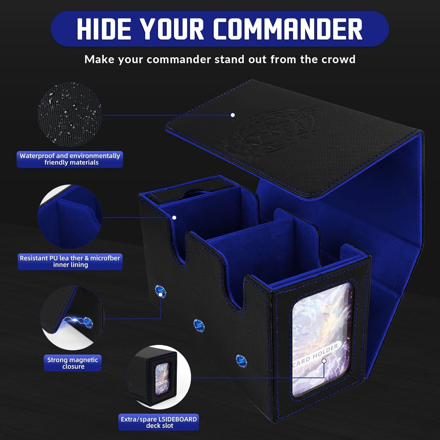 Boîte porte-cartes pour jusqu'à 380+ cartes, boîte de deck avec 6 plaques de séparation, porte deck magnétique flip-magic pour cartes à collectionner, compatible avec MTG TCG(Noir-Bleu)