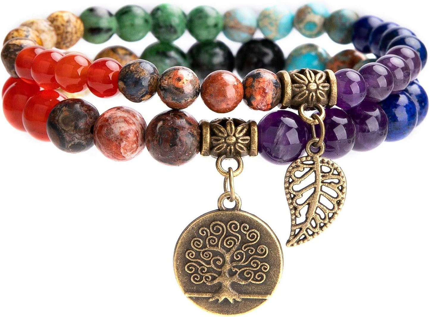 Farfume Chakra Bracelet En Pierre Naturelle - Bracelet Perles Naturelles Femme-Ensemble De Deux Bracelets Avec Accessoires Arbre De Vie Et Feuille