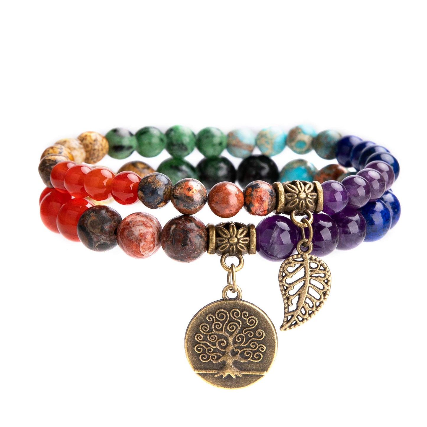 Farfume Chakra Bracelet En Pierre Naturelle - Bracelet Perles Naturelles Femme-Ensemble De Deux Bracelets Avec Accessoires Arbre De Vie Et Feuille