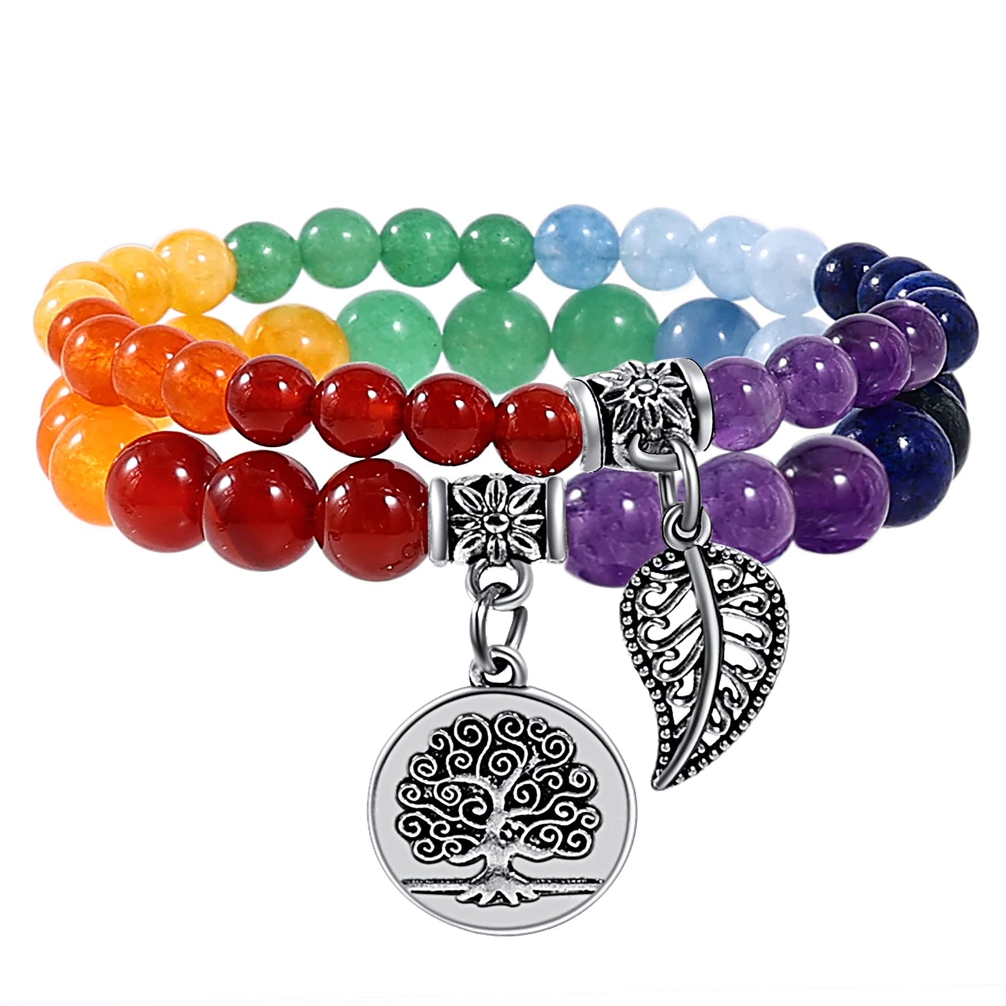Farfume Chakra Bracelet En Pierre Naturelle - Bracelet Perles Naturelles Femme-Ensemble De Deux Bracelets Avec Accessoires Arbre De Vie Et Feuille