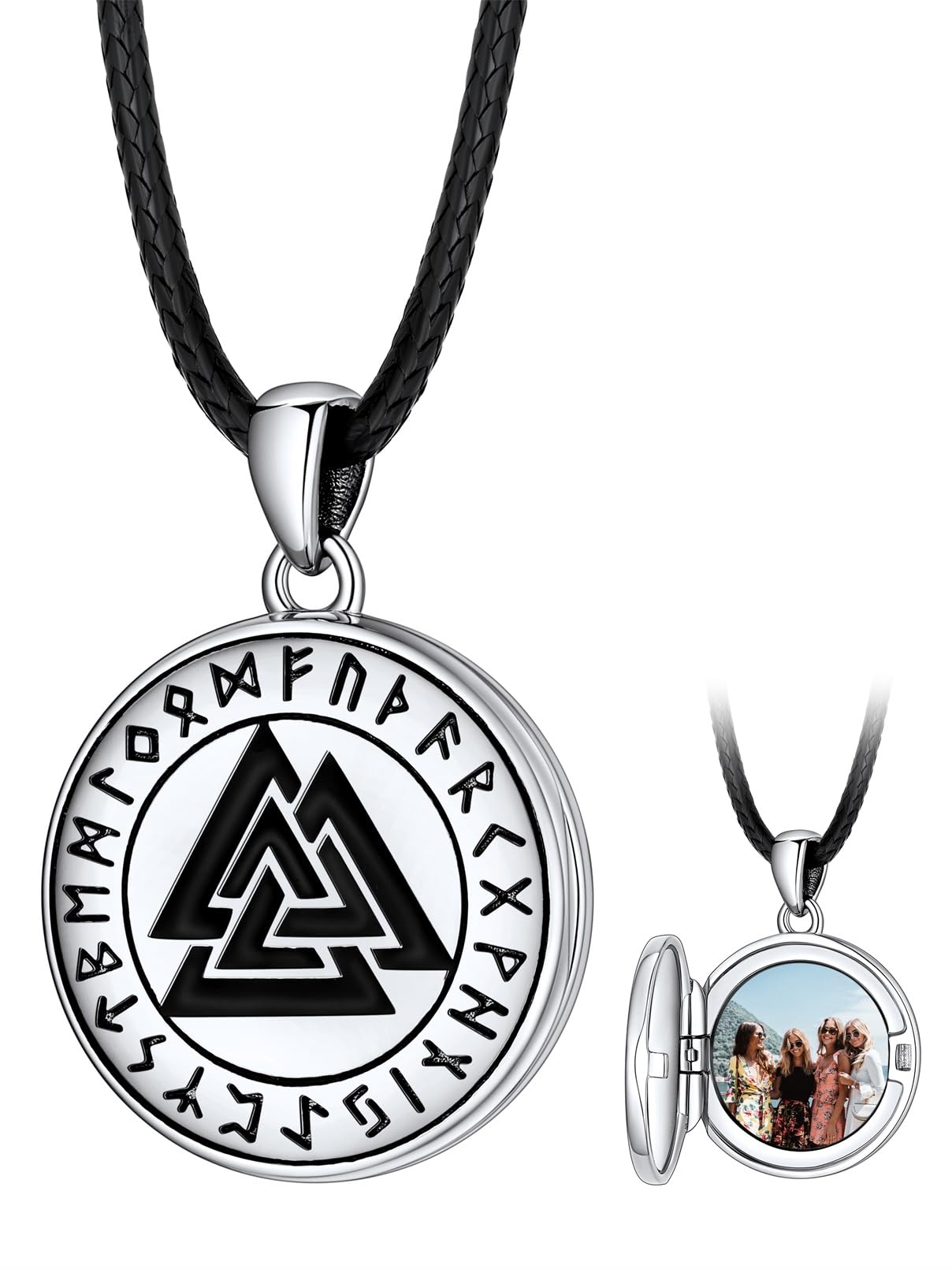 FaithHeart Collier Homme Photo Personnalisé Argent 925/Cuivre,Chaîne Cordon Cuir 40-76,Pendentif Prénom Gravé Triquetra/Valknut/Vegvisir/Loup/Mjolnir Marteau de Thor/Croix de Malte(Boîte Cadeau)