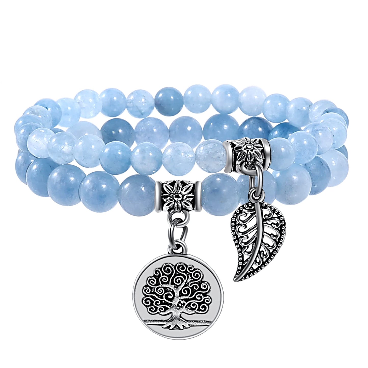 Farfume Chakra Bracelet En Pierre Naturelle - Bracelet Perles Naturelles Femme-Ensemble De Deux Bracelets Avec Accessoires Arbre De Vie Et Feuille