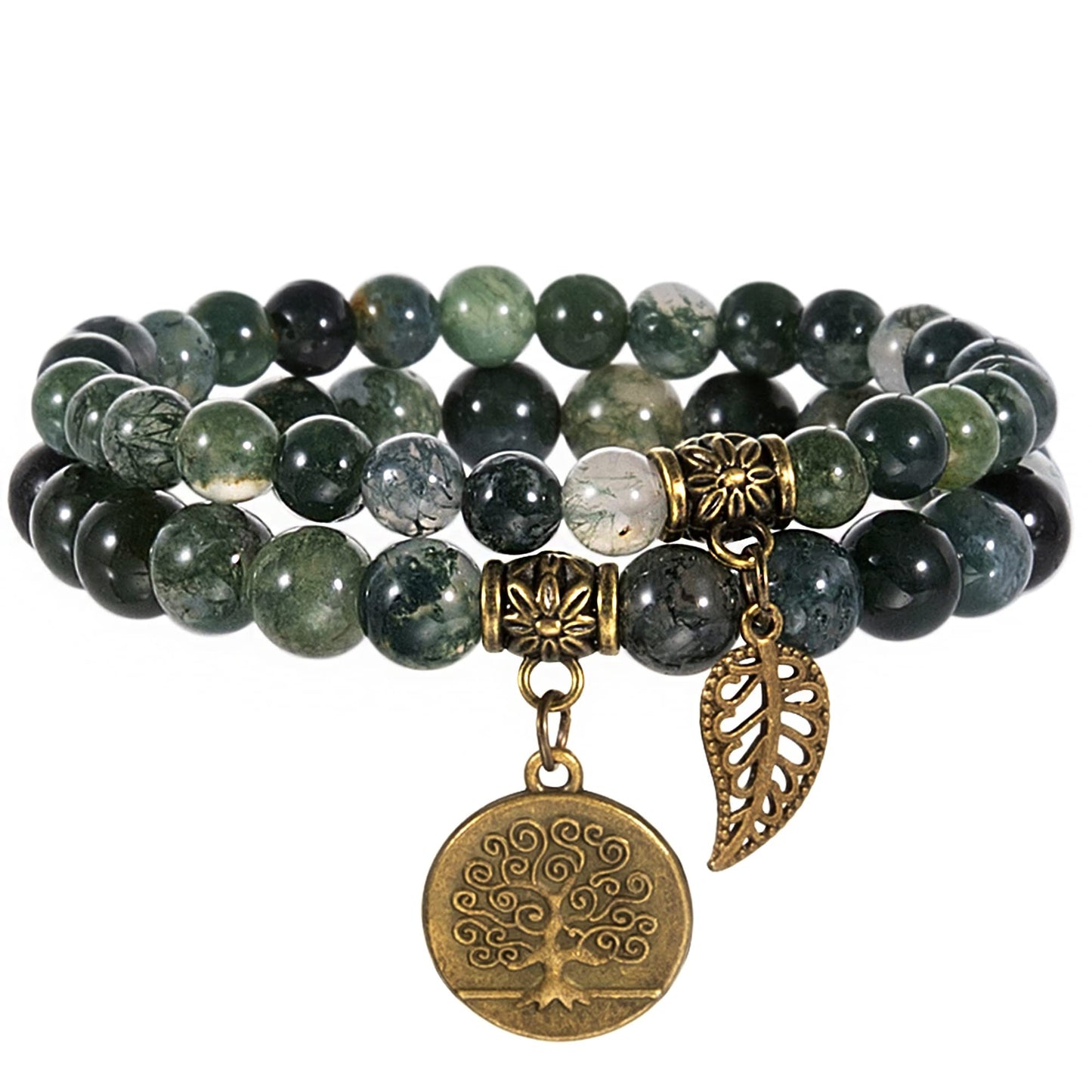 Farfume Chakra Bracelet En Pierre Naturelle - Bracelet Perles Naturelles Femme-Ensemble De Deux Bracelets Avec Accessoires Arbre De Vie Et Feuille