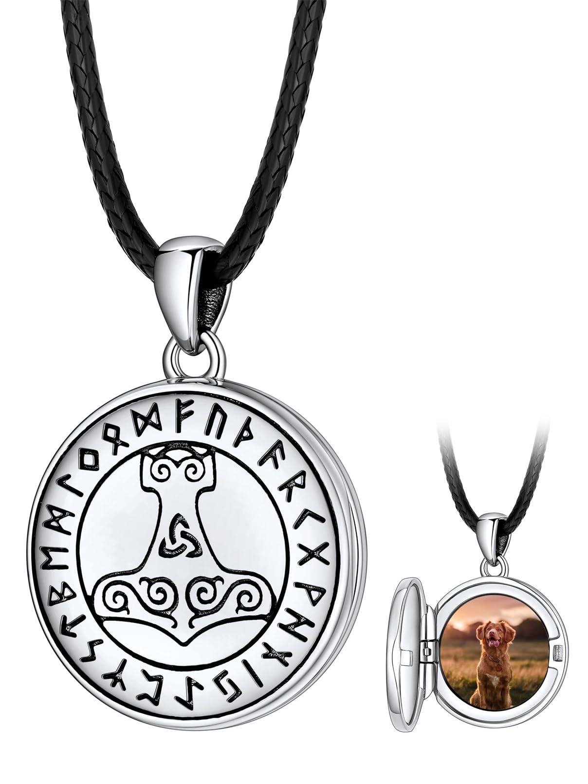 FaithHeart Collier Homme Photo Personnalisé Argent 925/Cuivre,Chaîne Cordon Cuir 40-76,Pendentif Prénom Gravé Triquetra/Valknut/Vegvisir/Loup/Mjolnir Marteau de Thor/Croix de Malte(Boîte Cadeau)