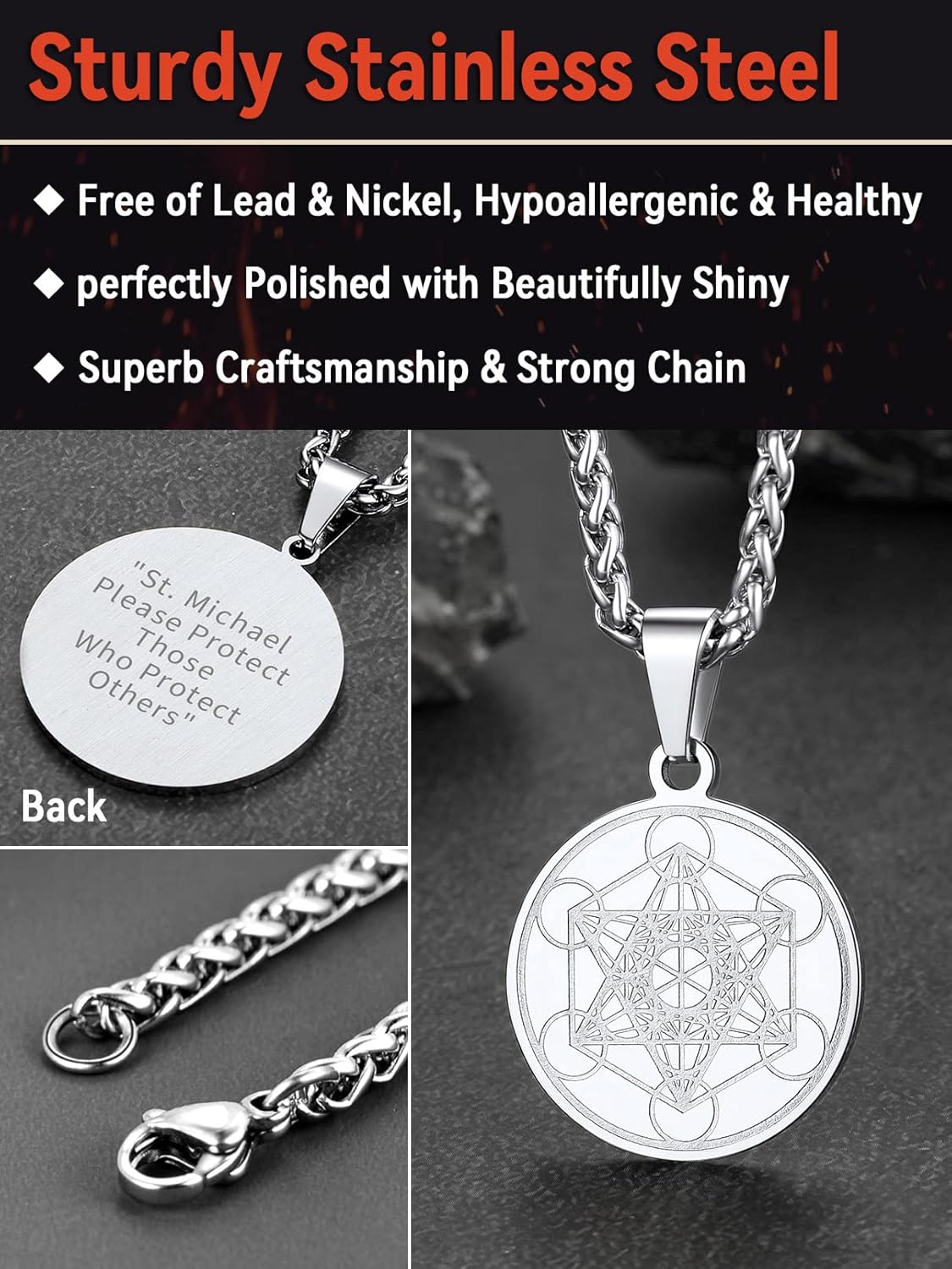 FaithHeart Collier Cube de Metatron Acier Inoxydable/Or/Noir Médaille Geometrique Bijoux Amulette de Protection pour Homme Femme