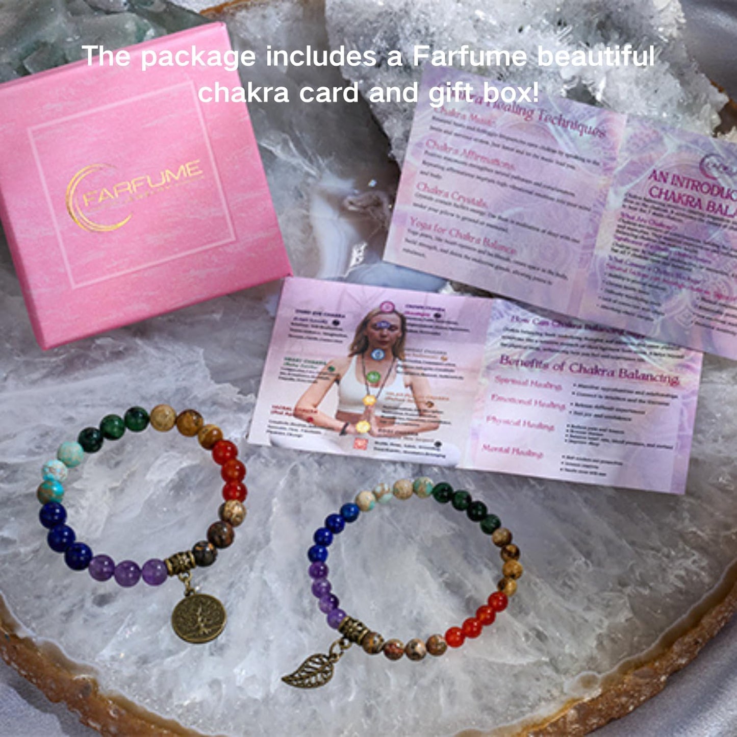 Farfume Chakra Bracelet En Pierre Naturelle - Bracelet Perles Naturelles Femme-Ensemble De Deux Bracelets Avec Accessoires Arbre De Vie Et Feuille