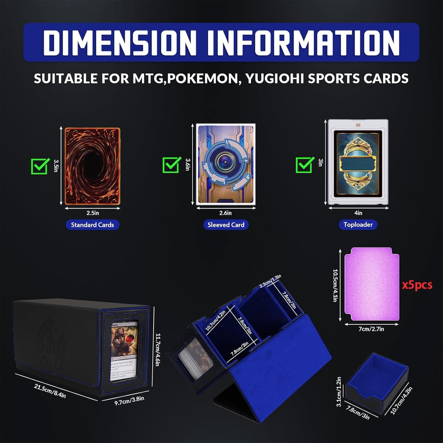 Boîte porte-cartes pour jusqu'à 380+ cartes, boîte de deck avec 6 plaques de séparation, porte deck magnétique flip-magic pour cartes à collectionner, compatible avec MTG TCG(Noir-Bleu)
