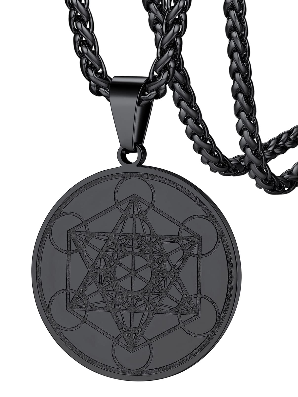 FaithHeart Collier Cube de Metatron Acier Inoxydable/Or/Noir Médaille Geometrique Bijoux Amulette de Protection pour Homme Femme