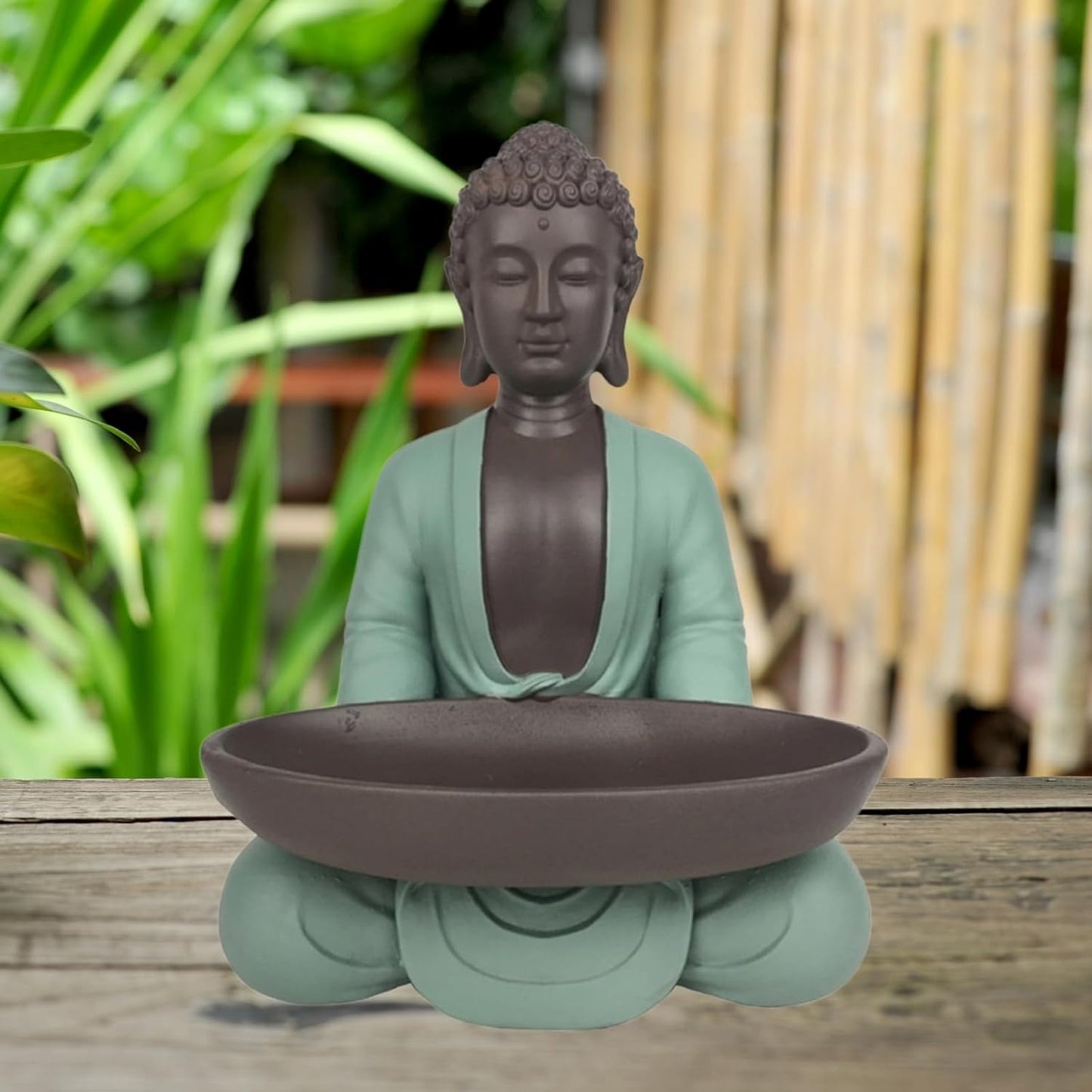 Statuette Vide Poche Boudha – Décoration Zen et Feng Shui – pour Créer Une Ambiance Relaxante et Spirituelle – Idée Cadeau Porte-Bonheur – Hauteur : 20cm – Couleur : Vert et Marron – Zen’Light