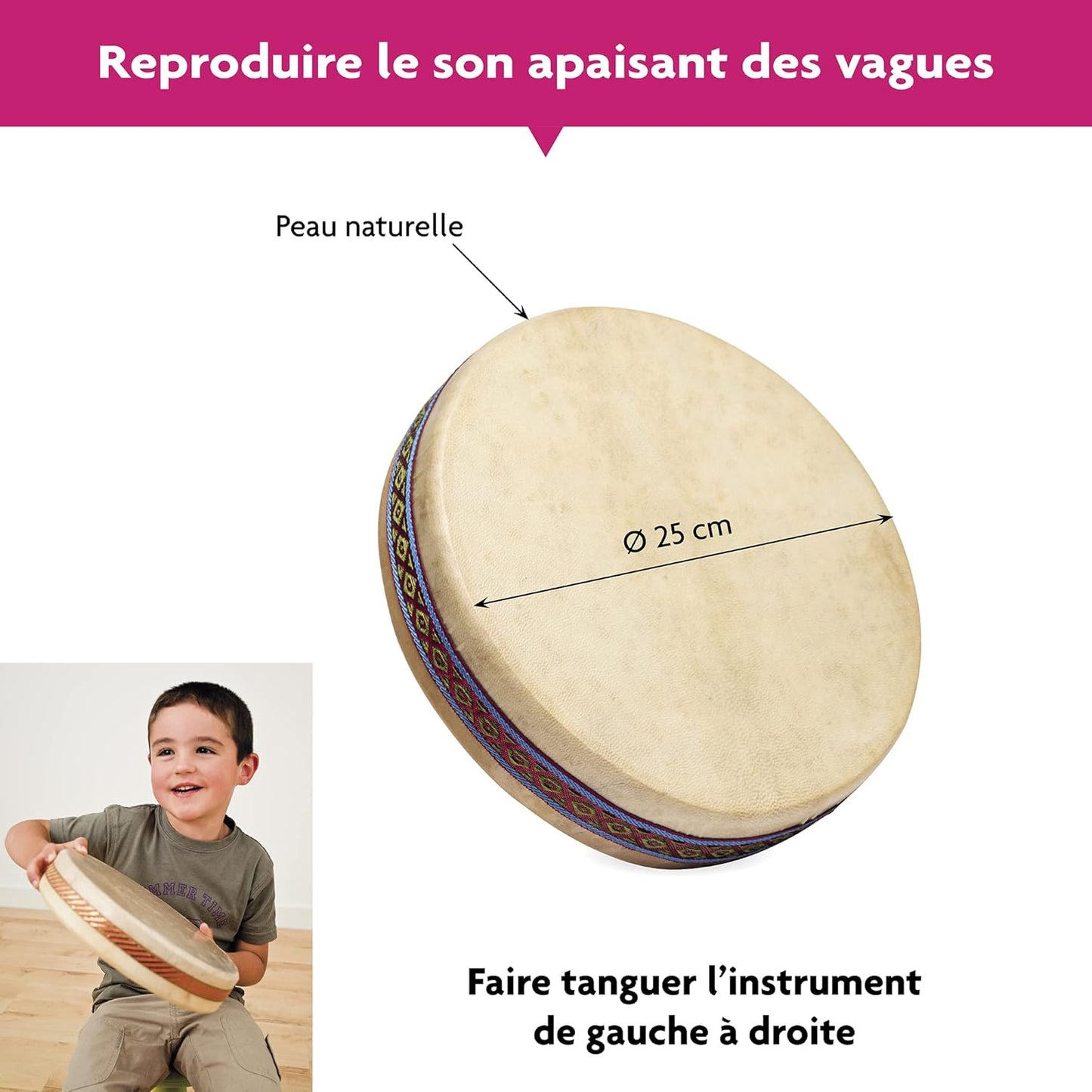 FUZEAU - 70625 - Ocean drum - Tambour ocean avec peau naturelle Ø 25 cm - Imite le son de la mer - Relaxation - Musicothérapie - Ambiance nature - Dès 5 ans, Beige (Assorted)