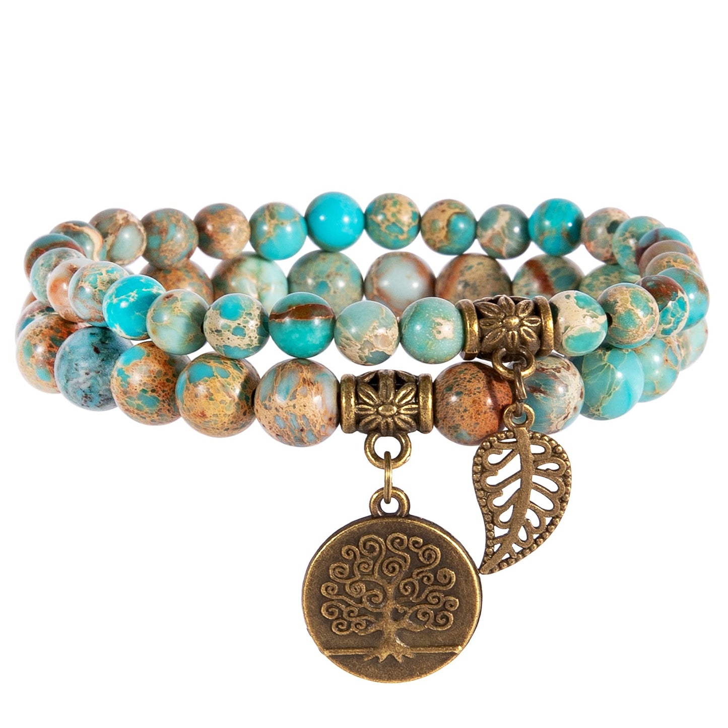 Farfume Chakra Bracelet En Pierre Naturelle - Bracelet Perles Naturelles Femme-Ensemble De Deux Bracelets Avec Accessoires Arbre De Vie Et Feuille