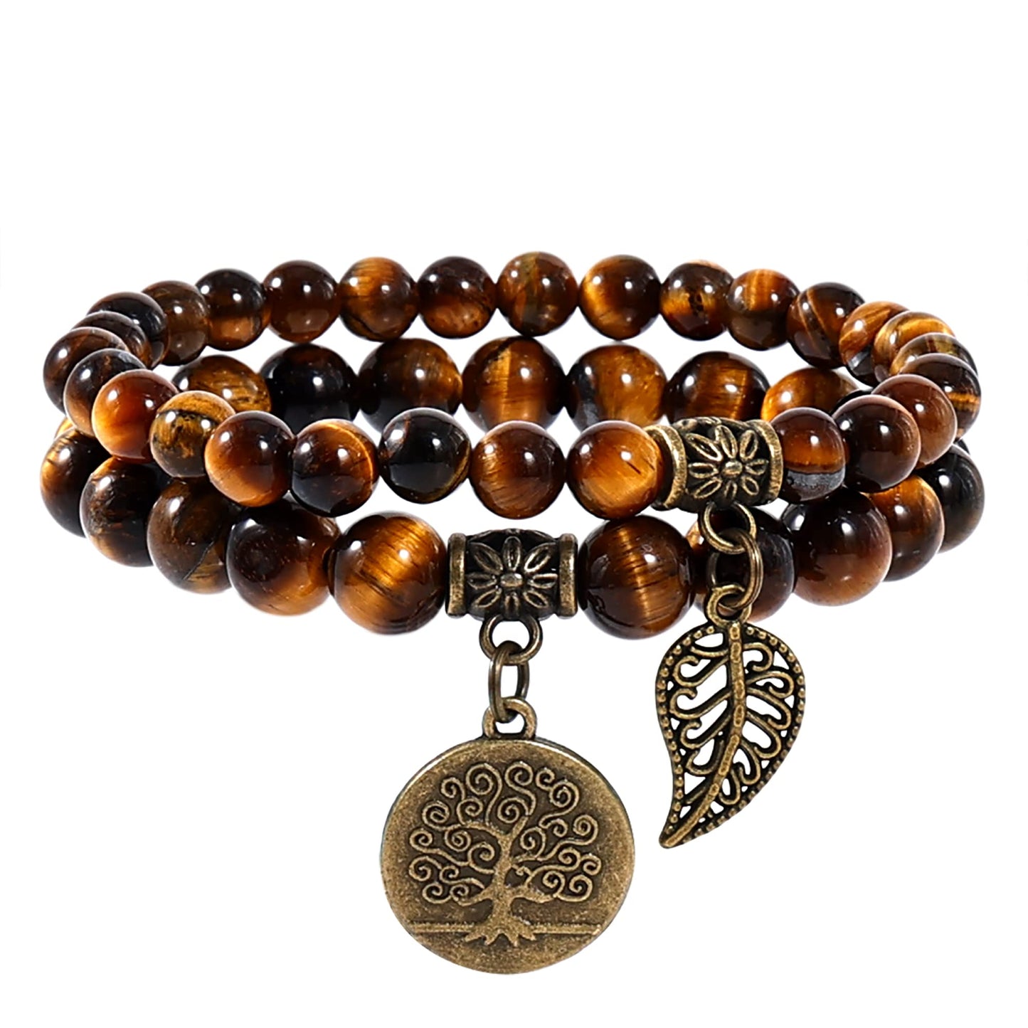 Farfume Chakra Bracelet En Pierre Naturelle - Bracelet Perles Naturelles Femme-Ensemble De Deux Bracelets Avec Accessoires Arbre De Vie Et Feuille