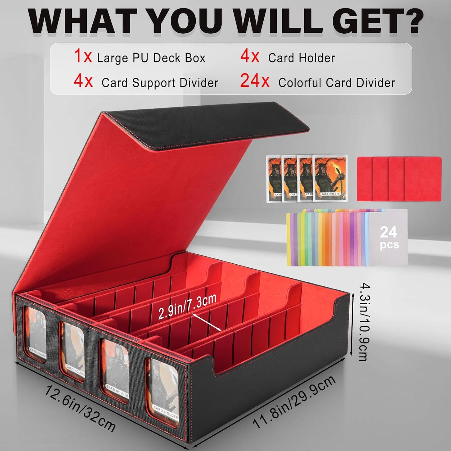 Boîte de rangement pour cartes MTG Commander, boîte de rangement pour cartes à collectionner, étui magnétique en cuir PU, peut contenir 3000 TCG cartes à double couche,noir et rouge