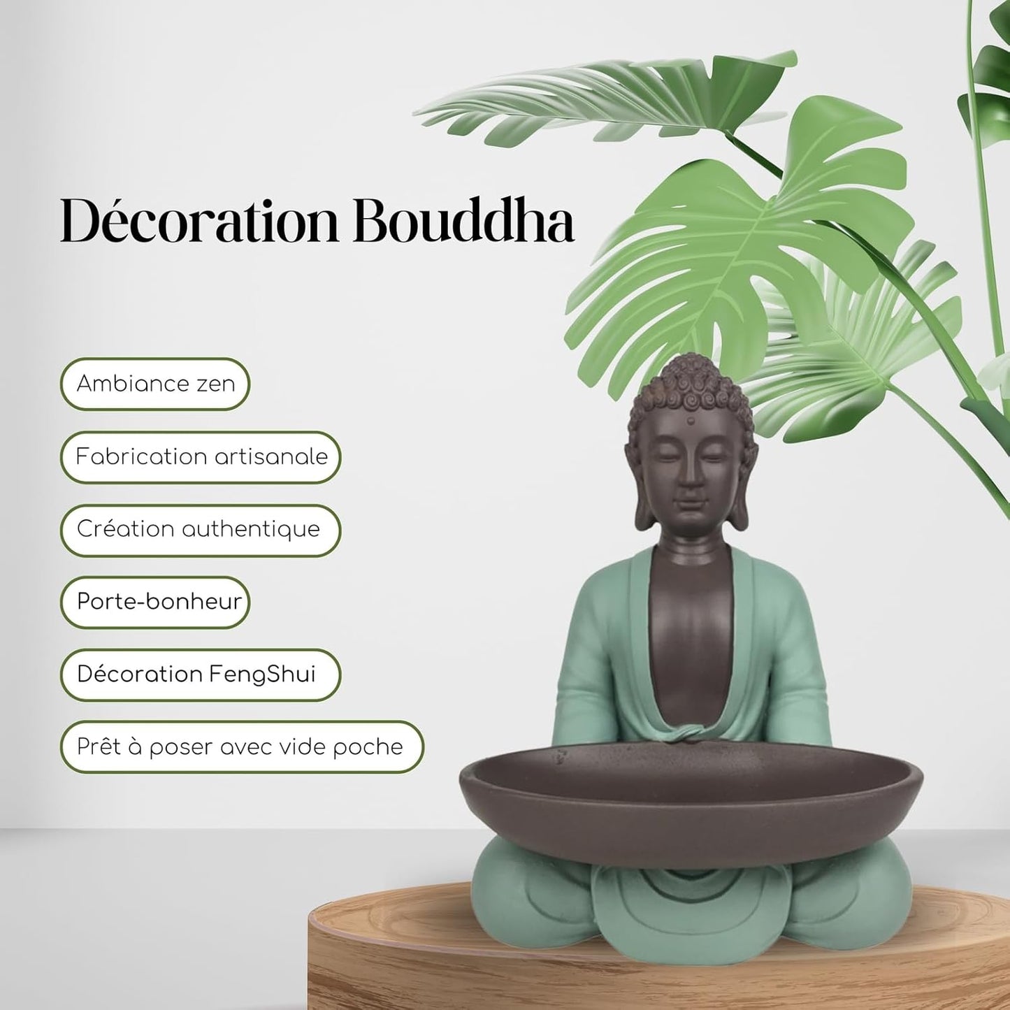 Statuette Vide Poche Boudha – Décoration Zen et Feng Shui – pour Créer Une Ambiance Relaxante et Spirituelle – Idée Cadeau Porte-Bonheur – Hauteur : 20cm – Couleur : Vert et Marron – Zen’Light