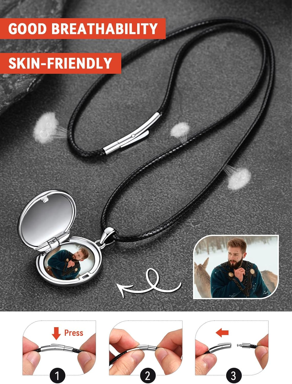 FaithHeart Collier Homme Photo Personnalisé Argent 925/Cuivre,Chaîne Cordon Cuir 40-76,Pendentif Prénom Gravé Triquetra/Valknut/Vegvisir/Loup/Mjolnir Marteau de Thor/Croix de Malte(Boîte Cadeau)