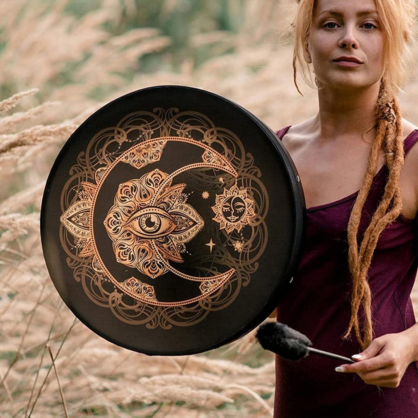 Tambour chaman,Tambour chamanique Fait à la Main,Tambour de Lune alchimique de chaman avec de Tambour,Symbole de la musique spirituelle du tambour sibérien