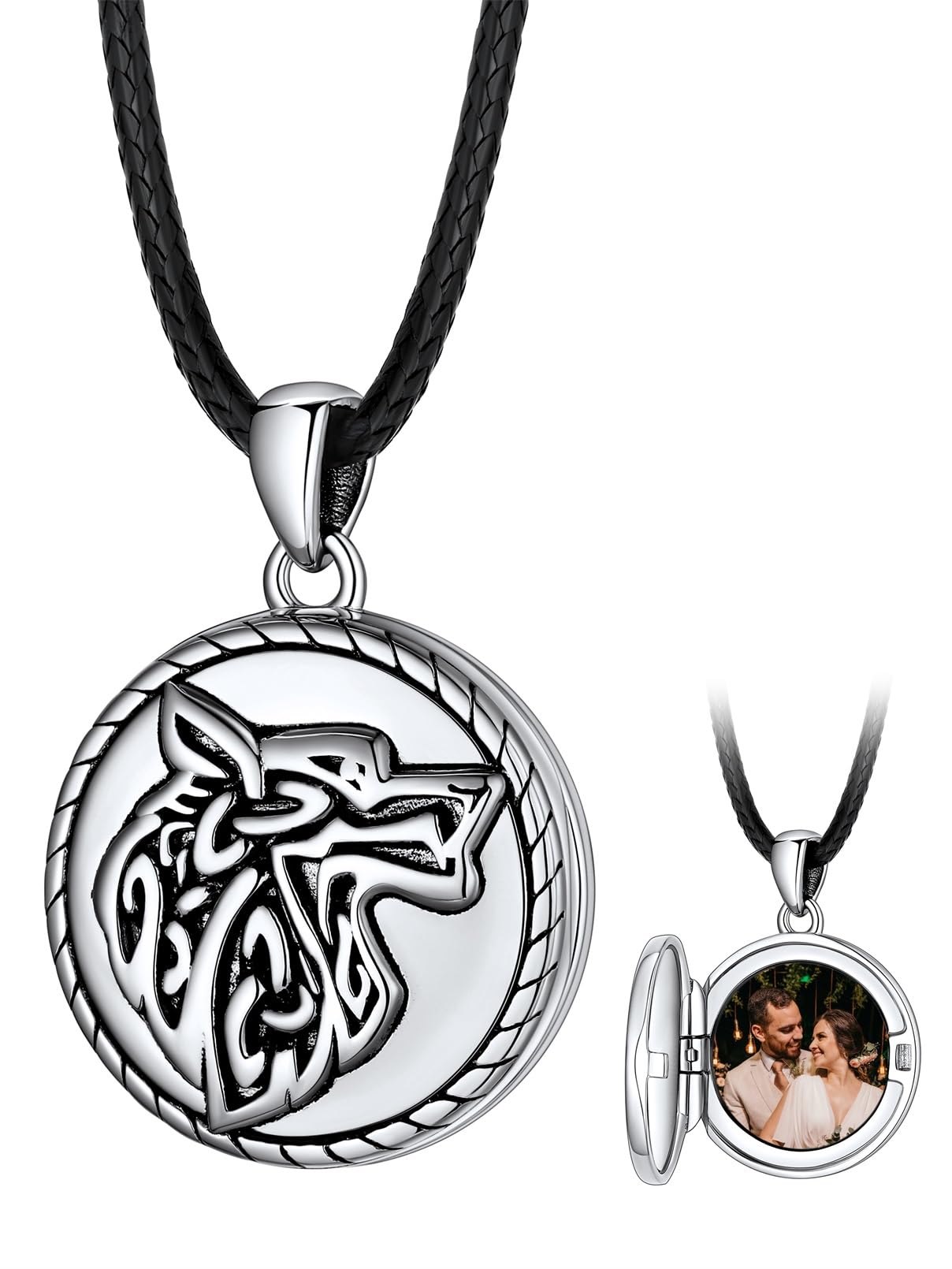 FaithHeart Collier Homme Photo Personnalisé Argent 925/Cuivre,Chaîne Cordon Cuir 40-76,Pendentif Prénom Gravé Triquetra/Valknut/Vegvisir/Loup/Mjolnir Marteau de Thor/Croix de Malte(Boîte Cadeau)