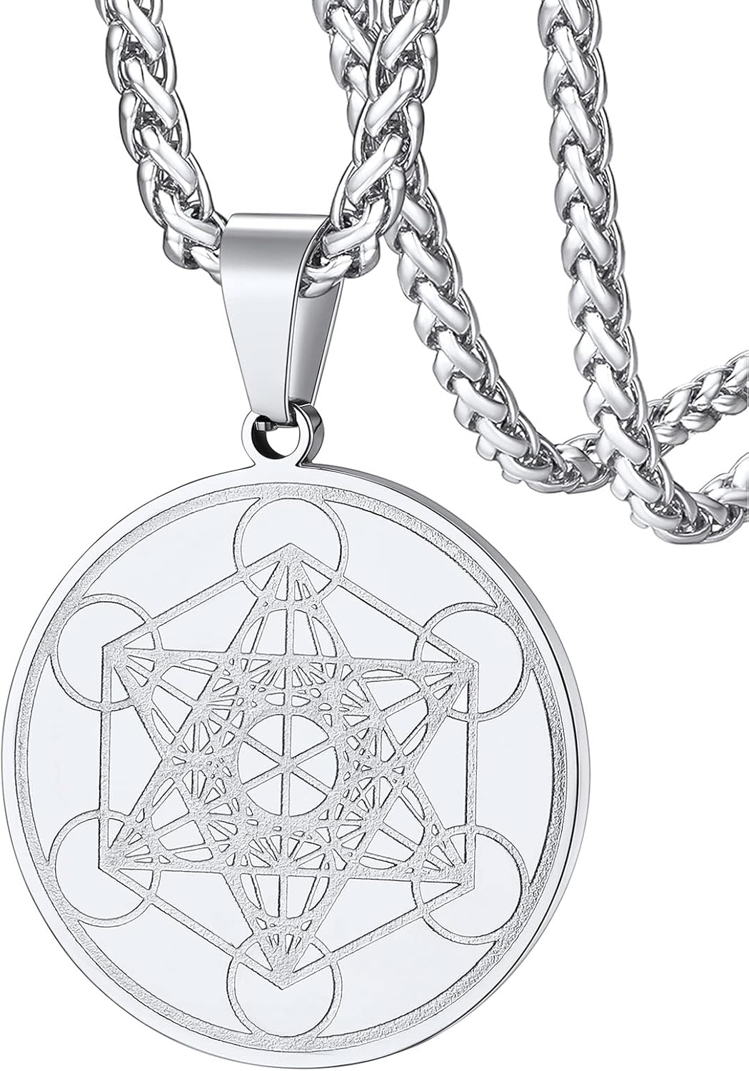 FaithHeart Collier Cube de Metatron Acier Inoxydable/Or/Noir Médaille Geometrique Bijoux Amulette de Protection pour Homme Femme