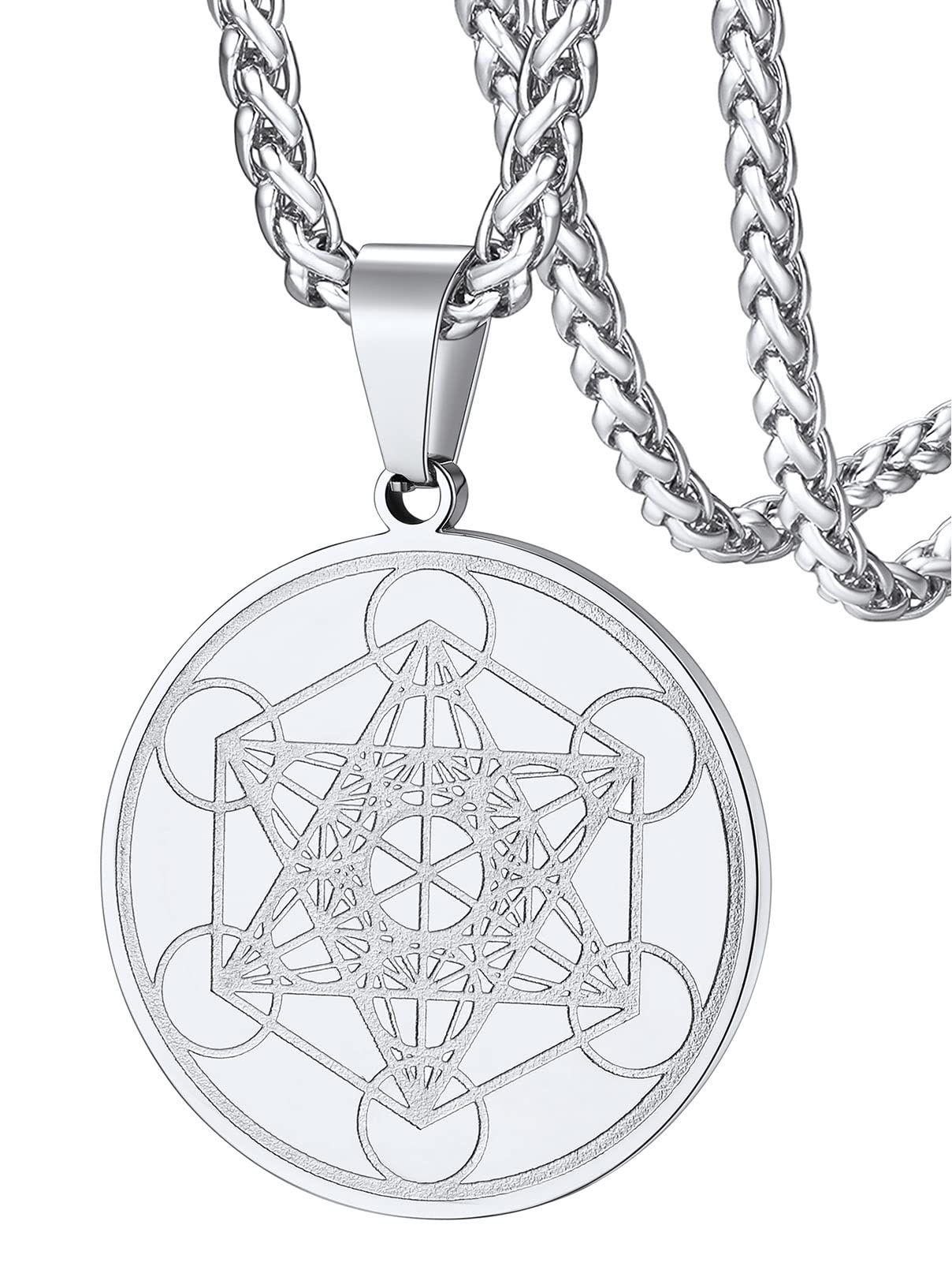 FaithHeart Collier Cube de Metatron Acier Inoxydable/Or/Noir Médaille Geometrique Bijoux Amulette de Protection pour Homme Femme