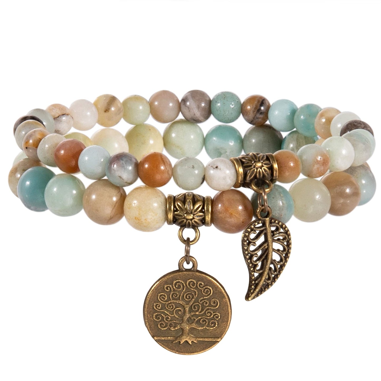 Farfume Chakra Bracelet En Pierre Naturelle - Bracelet Perles Naturelles Femme-Ensemble De Deux Bracelets Avec Accessoires Arbre De Vie Et Feuille