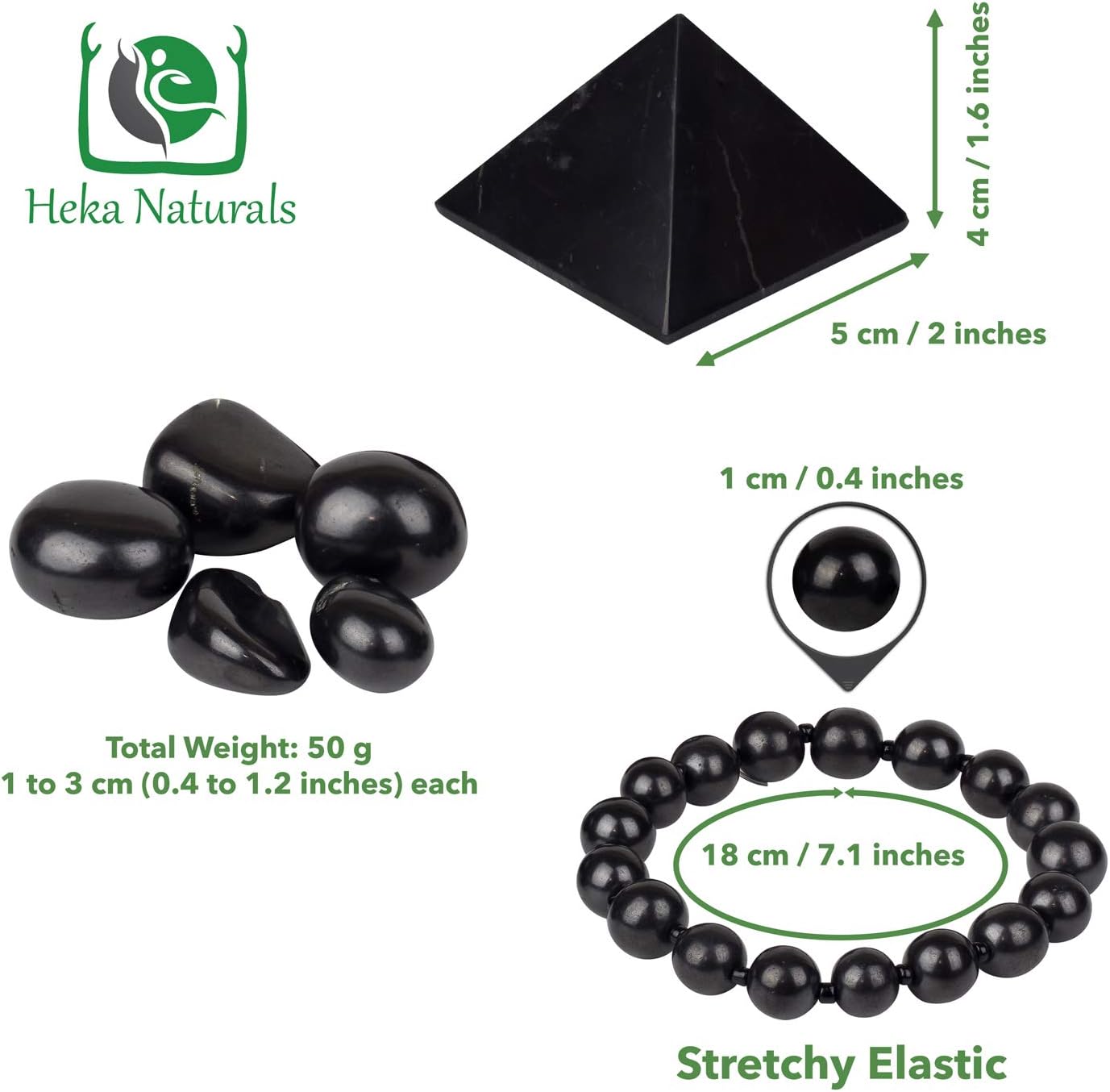 Heka Naturals Pyramide de Shungite Polie (5 cm), Bracelet Extensible & Pierres Roulées | Décoration d'intérieur, Purification de l'eau Désintoxication - Chakra Cristaux Bijoux Spirituels