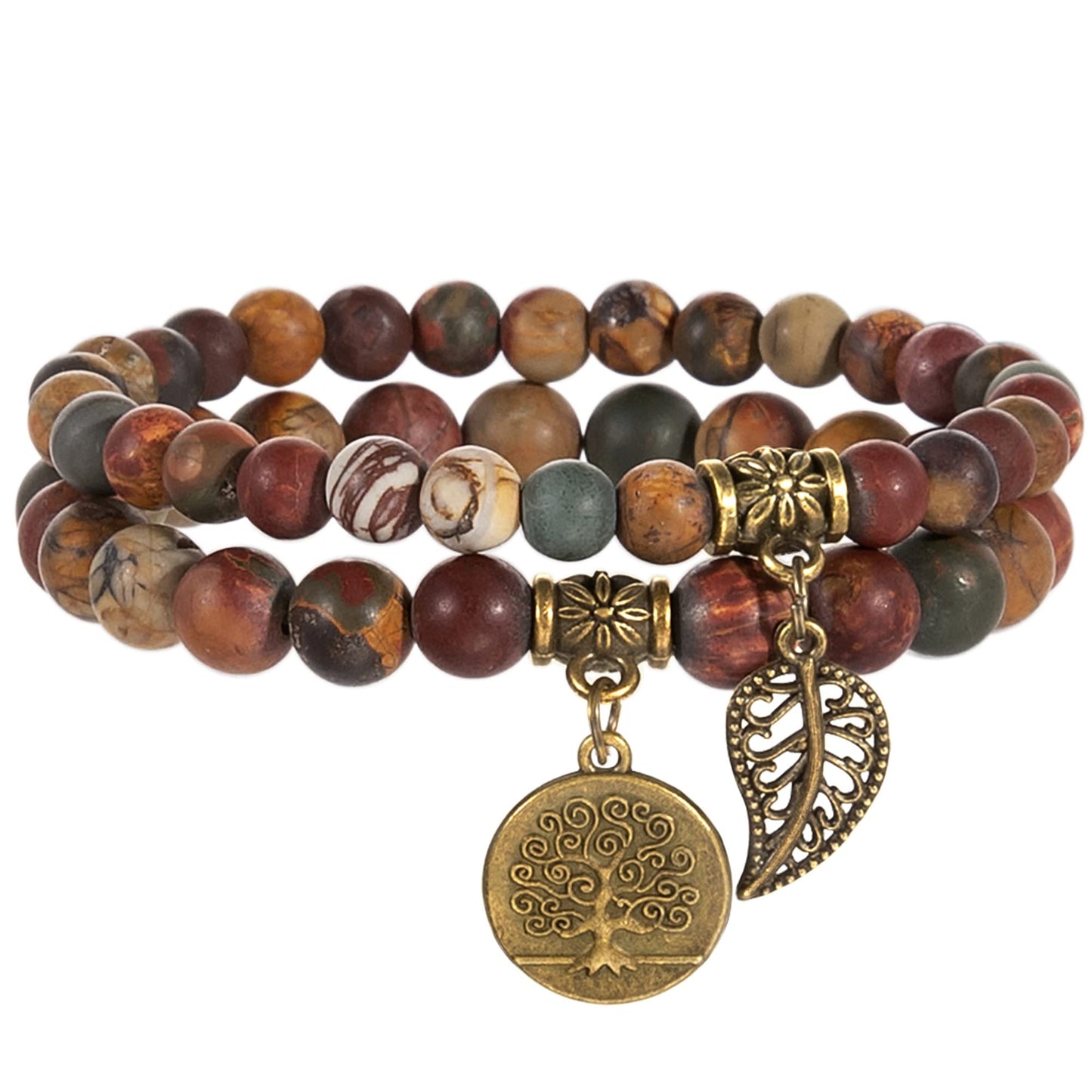 Farfume Chakra Bracelet En Pierre Naturelle - Bracelet Perles Naturelles Femme-Ensemble De Deux Bracelets Avec Accessoires Arbre De Vie Et Feuille