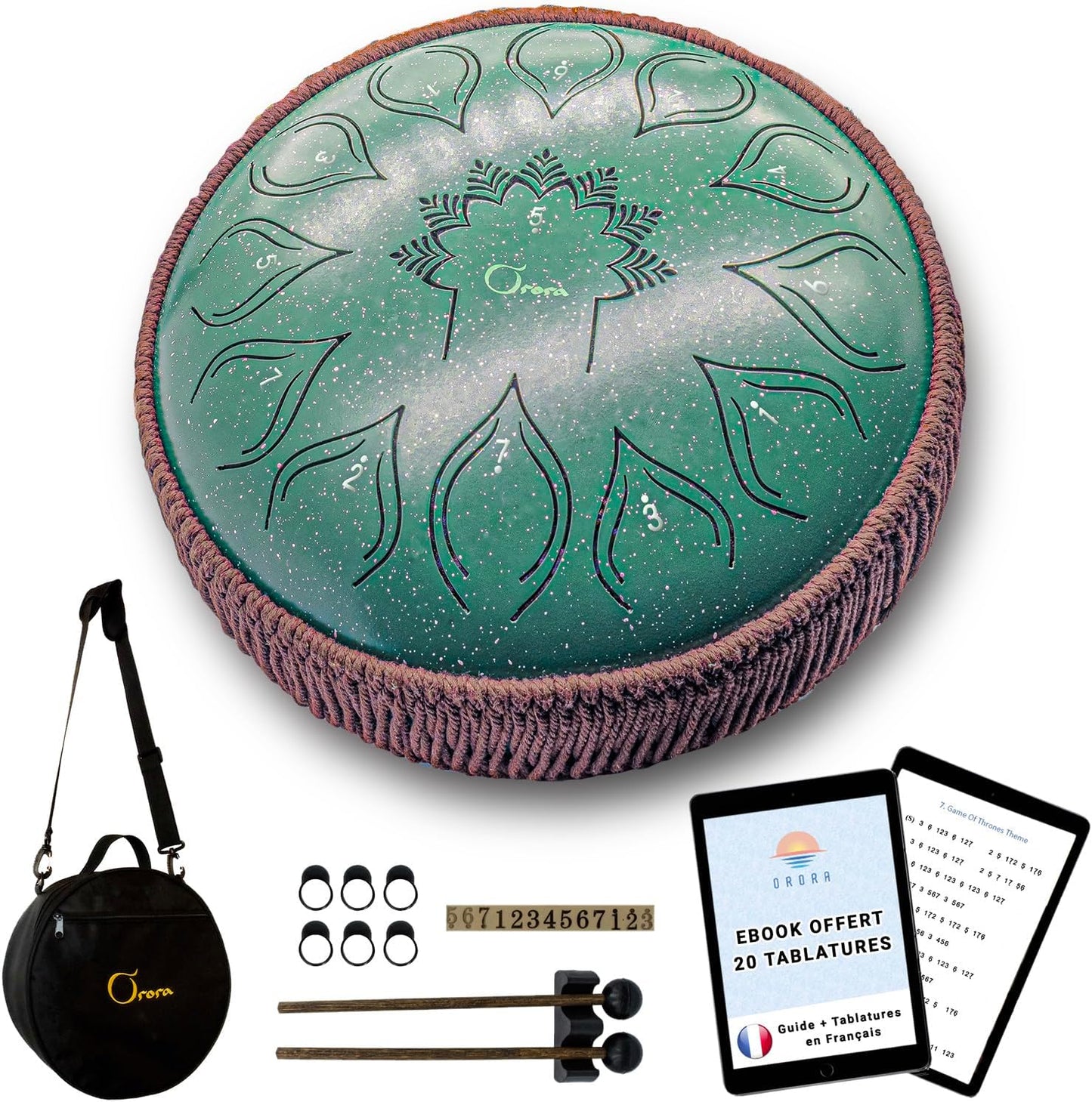 ORORA Handpan Steel Tongue drum (12 pouces 13 notes) - Instrument de musique enfant et adulte - Tambour zen et méditation - Ebook de 20 partitions offert - Cadeau original relaxation