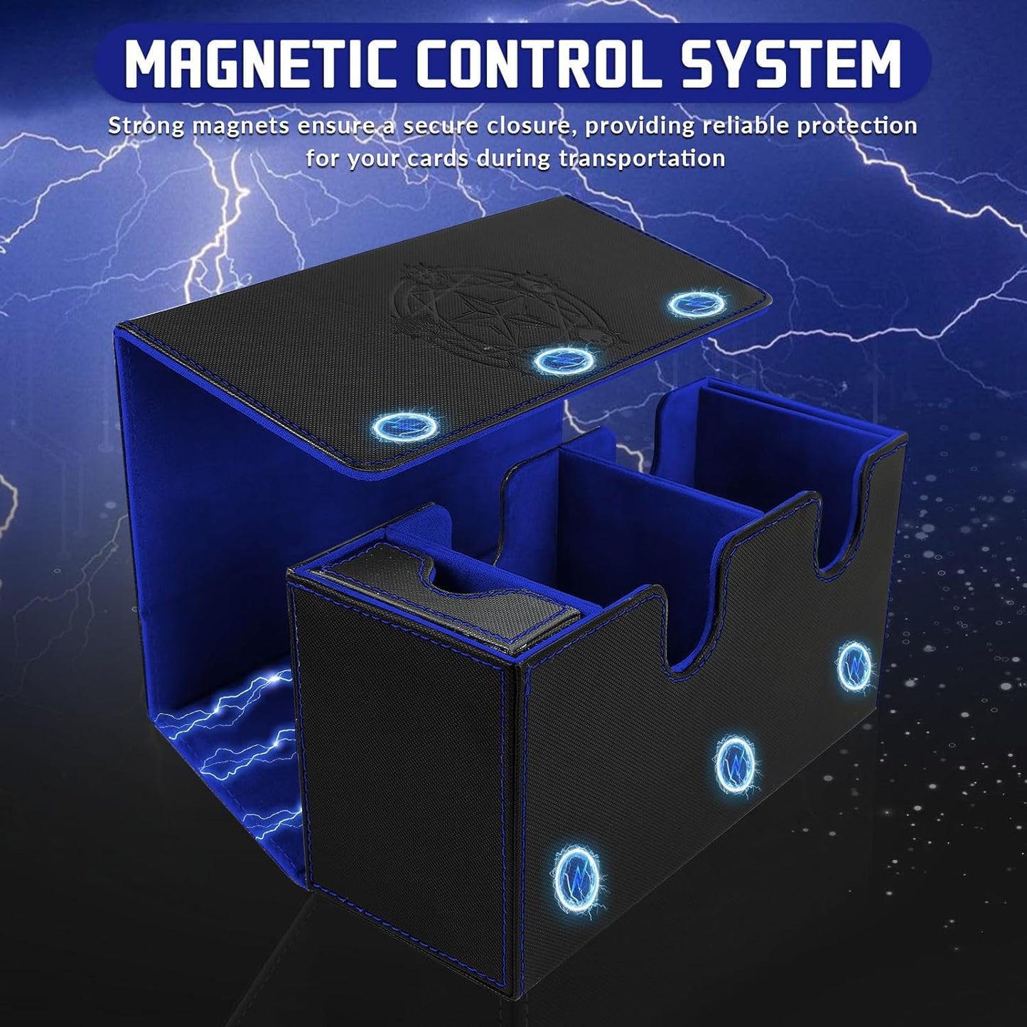 Boîte porte-cartes pour jusqu'à 380+ cartes, boîte de deck avec 6 plaques de séparation, porte deck magnétique flip-magic pour cartes à collectionner, compatible avec MTG TCG(Noir-Bleu)