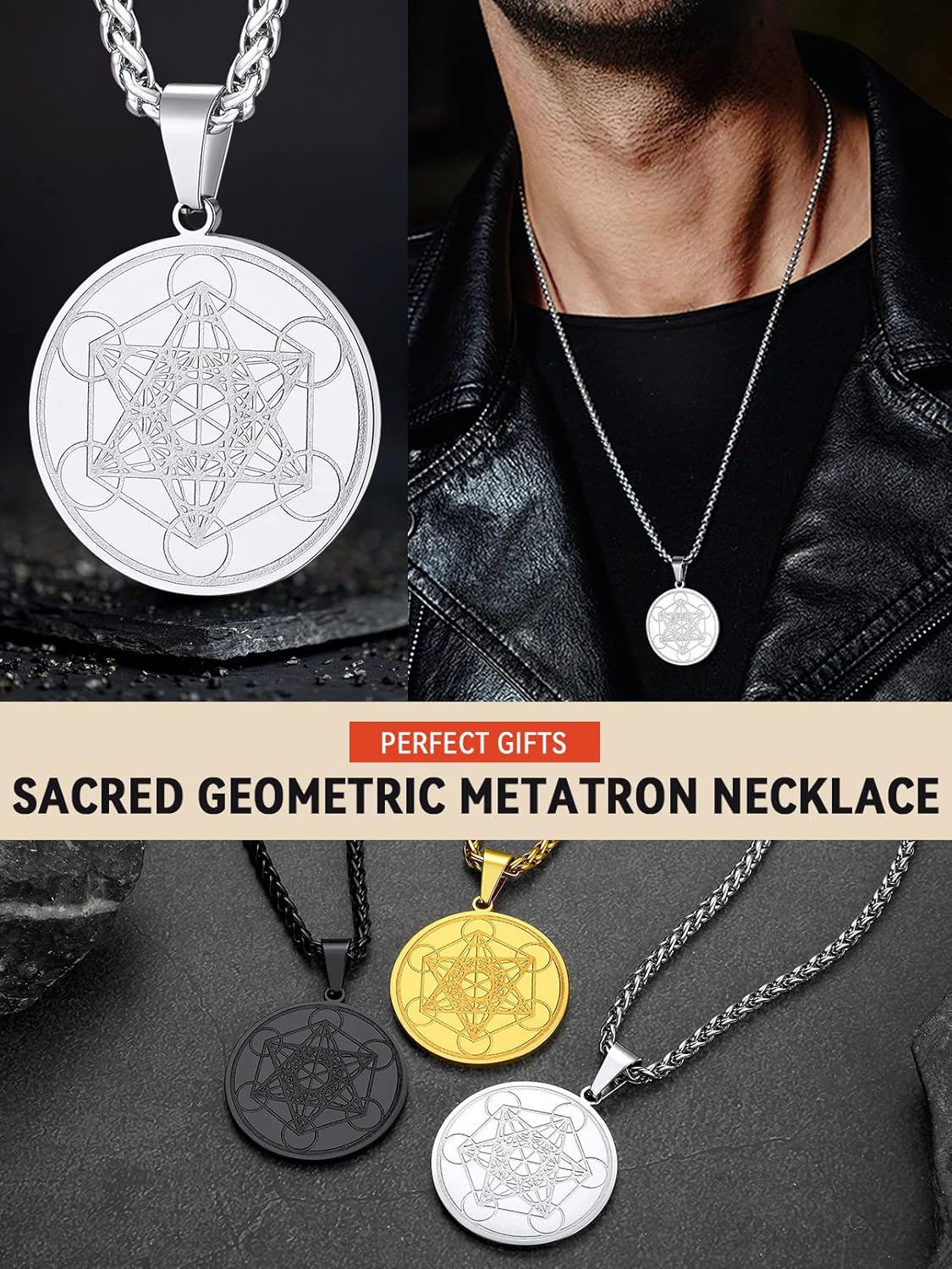 FaithHeart Collier Cube de Metatron Acier Inoxydable/Or/Noir Médaille Geometrique Bijoux Amulette de Protection pour Homme Femme