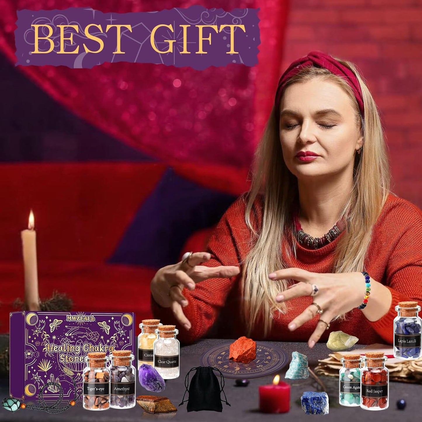 MWZEAUL Kit de Pierres Précieuses, 21 Pièces Gemmes et Cristaux de Guérison Naturelle, avec Fleur de Vie pour Recharger les Pierres, pour Méditation Yoga Sommeil Étude, Cadeau pour Halloween Noël